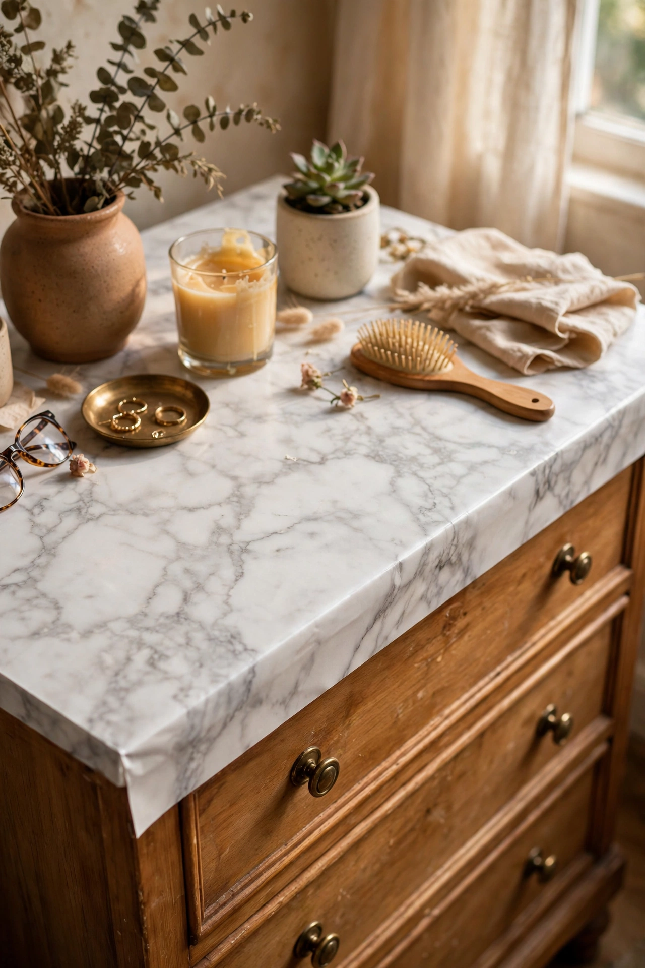 Dresser top covered in faux marble contact paper in a bedroom