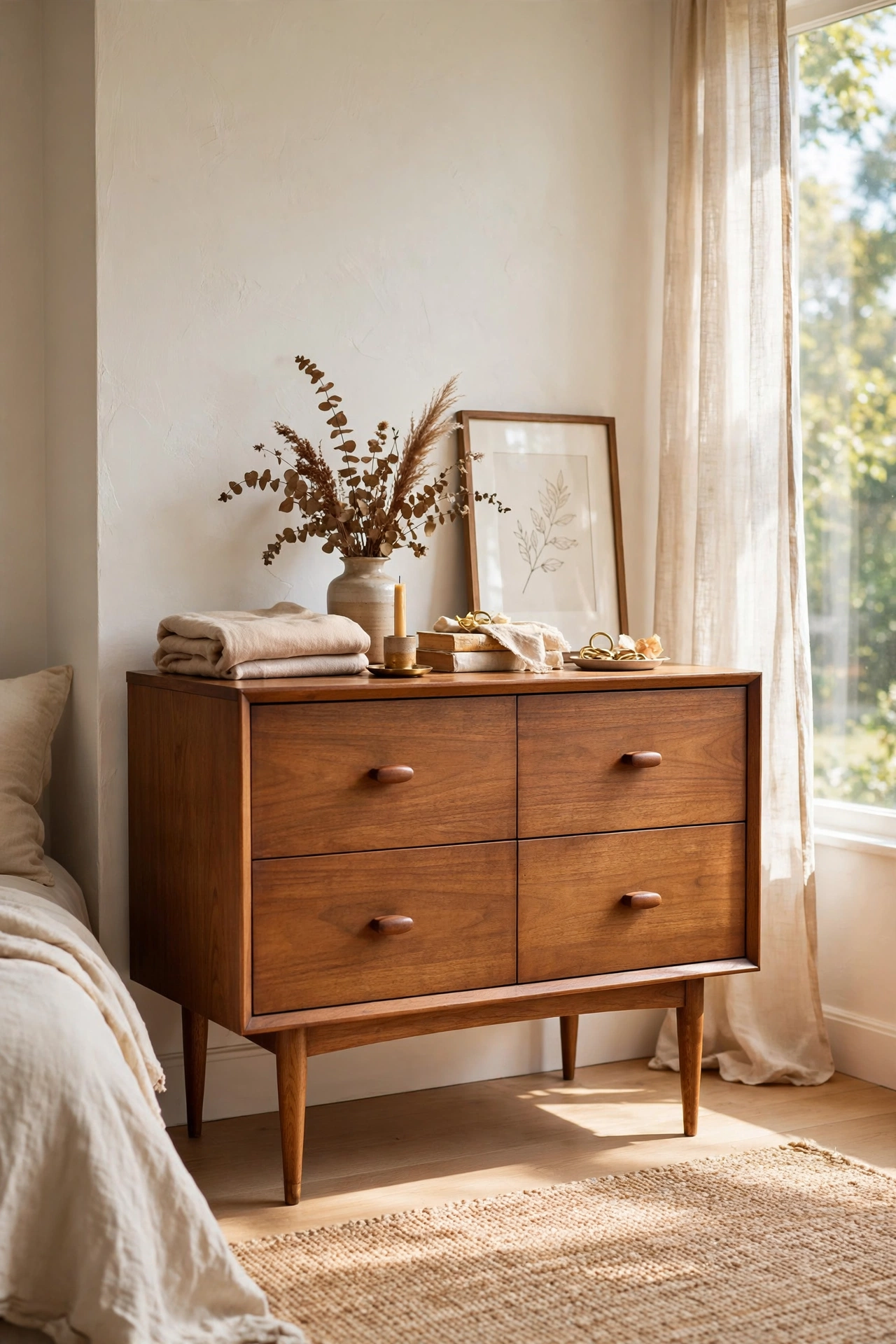 Thrifted dresser raised on new tapered wooden legs in mid-century style
