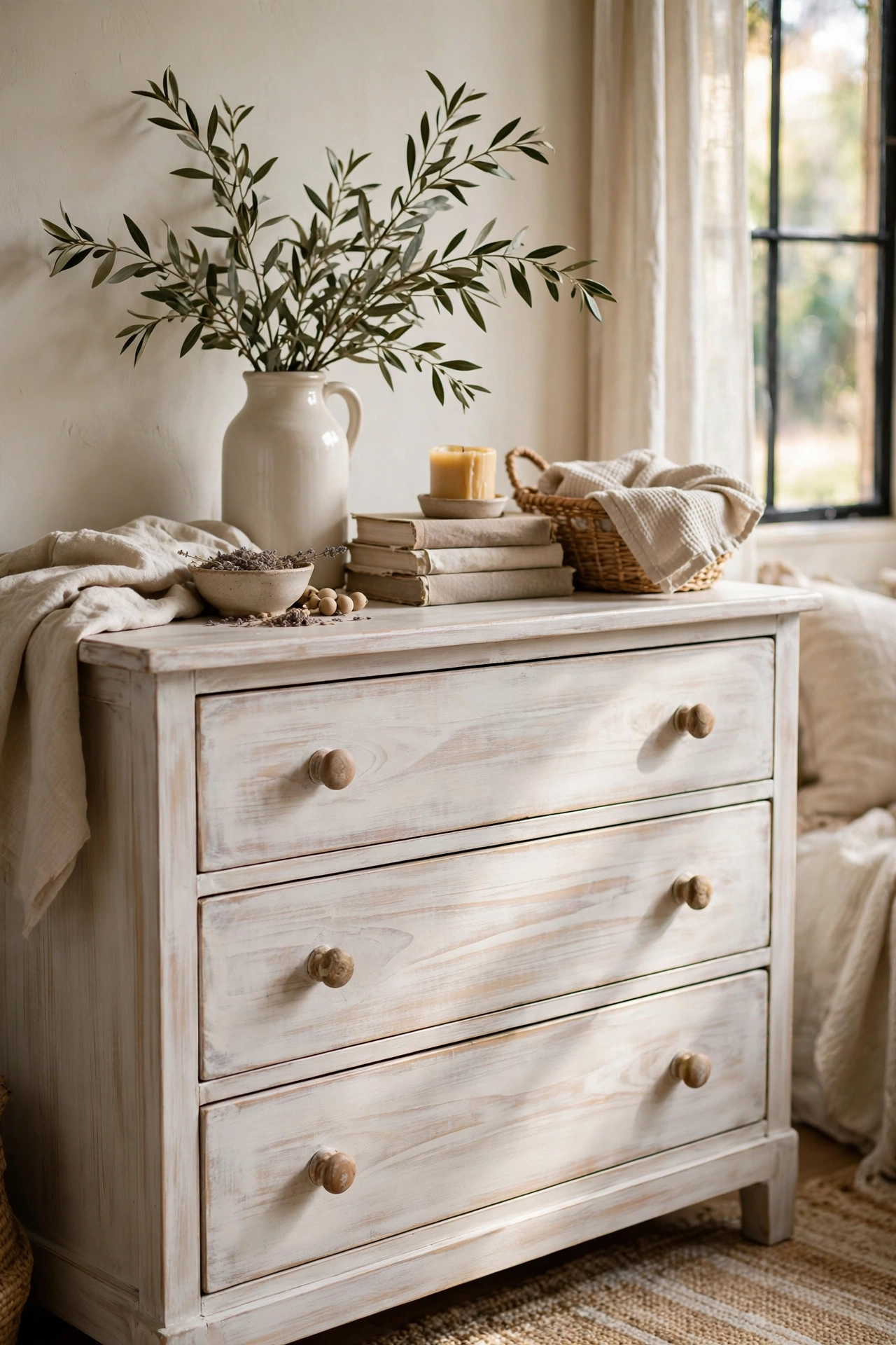 Dresser with a soft whitewash finish letting wood grain show through in a bedroom