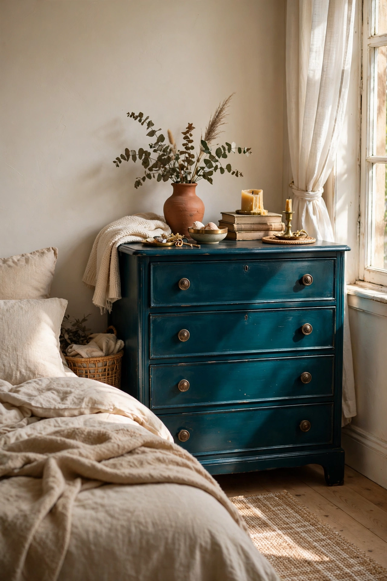 Thrifted dresser painted bold teal satin as a statement piece in a bedroom