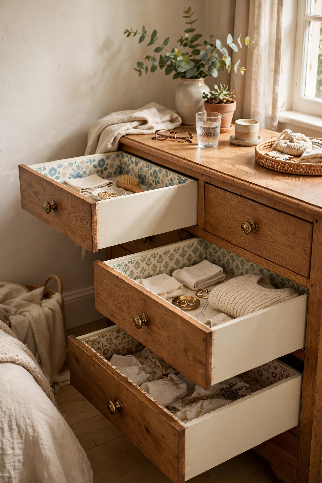 Open painted dresser drawers with patterned paper liners in a bedroom
