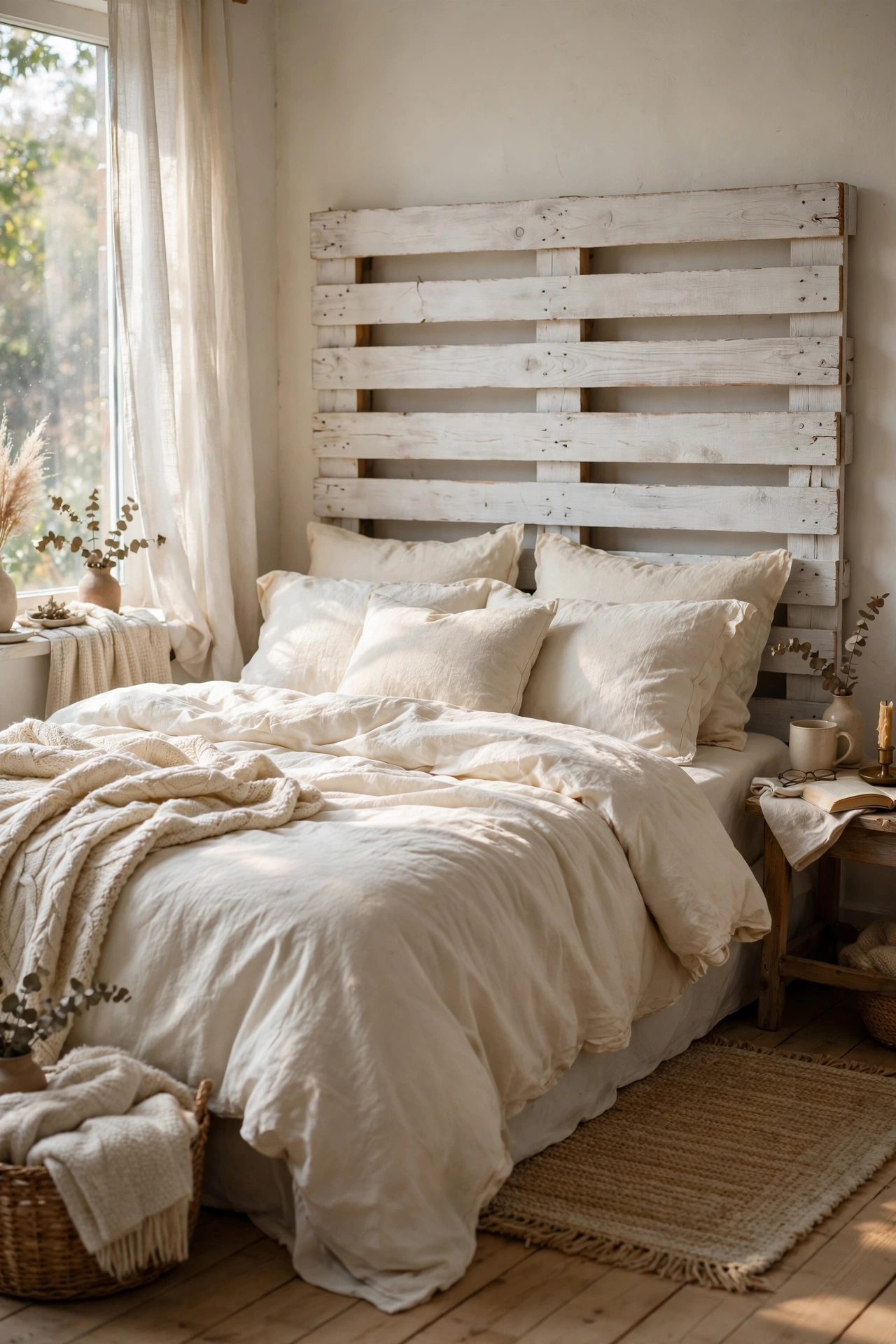 Whitewashed wooden pallet headboard behind a farmhouse bed with cream bedding