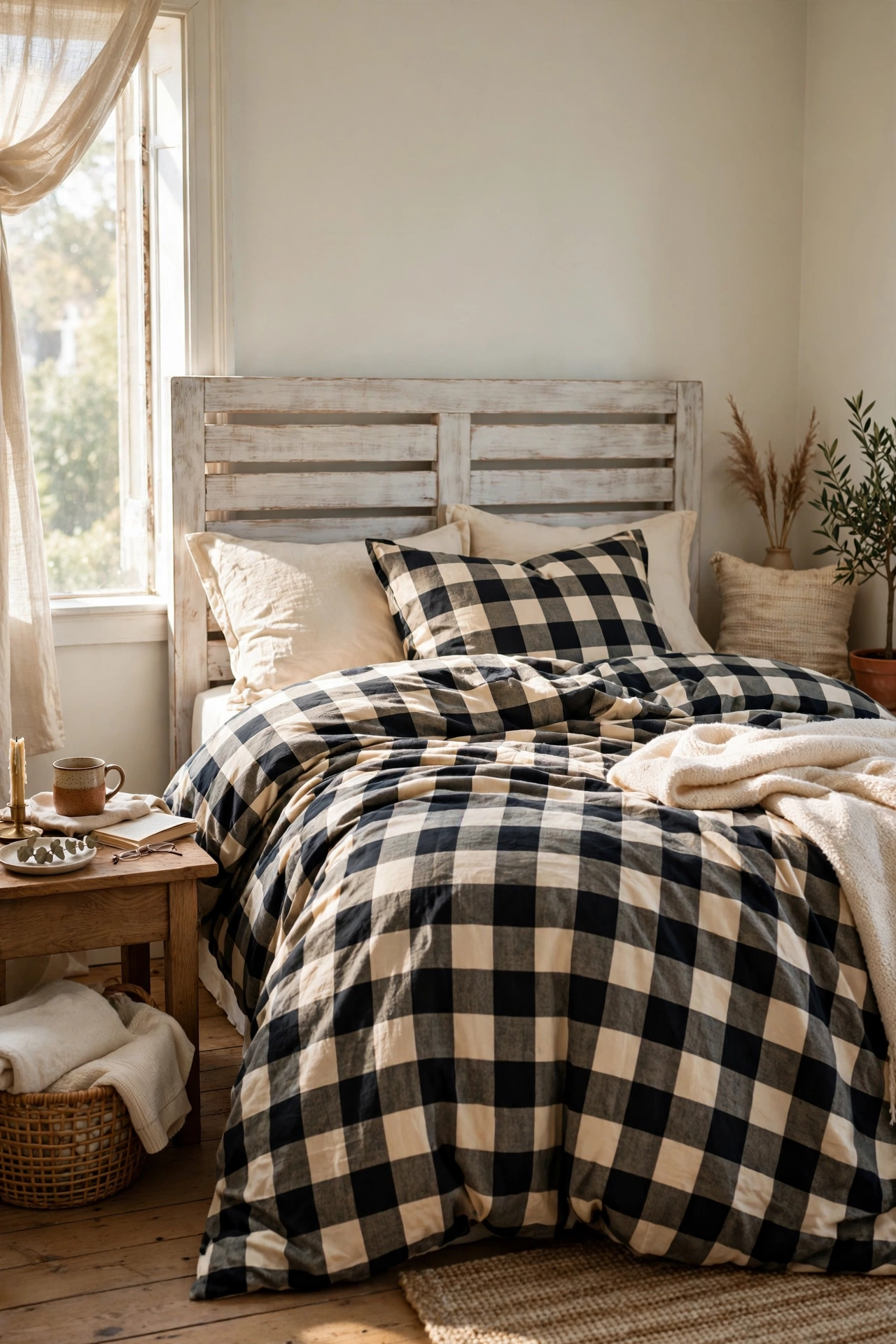 Black and cream buffalo check duvet set on a farmhouse bed