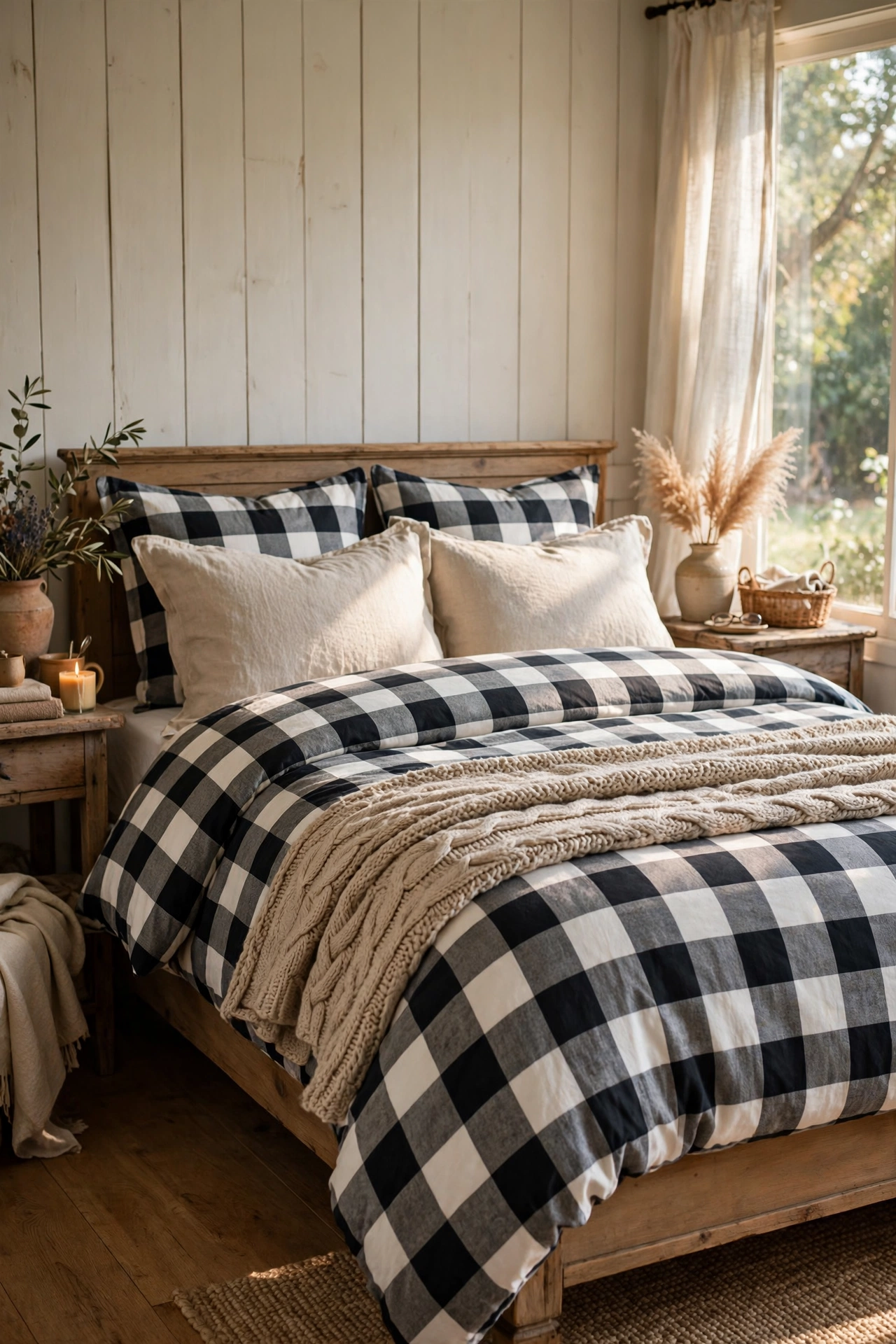 Oatmeal chunky knit throw folded at the foot of a farmhouse bed
