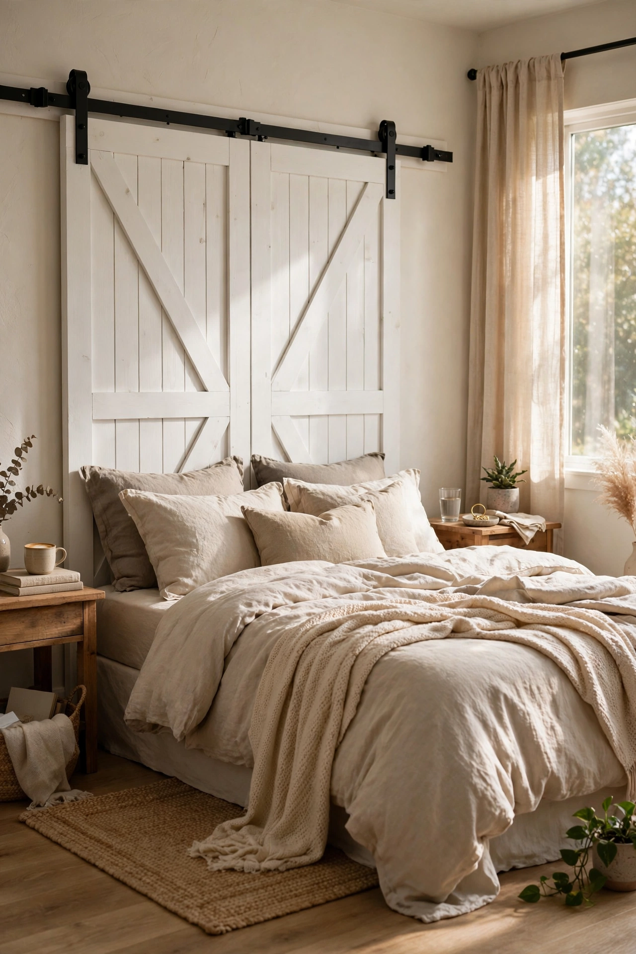 White faux sliding barn door headboard hung on a black rail in a farmhouse bedroom