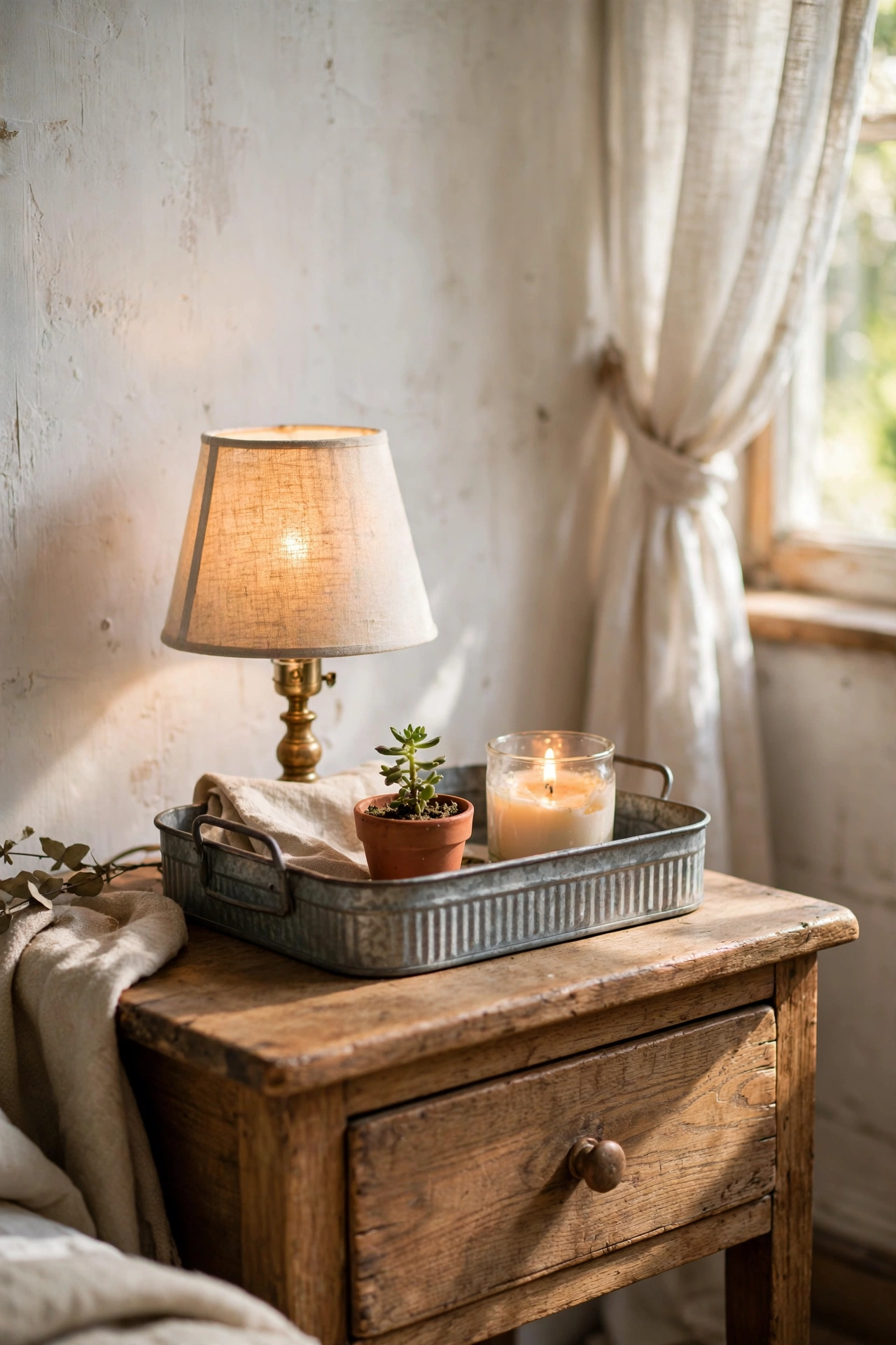 Galvanised metal tray with a lamp and candle styled on a farmhouse nightstand