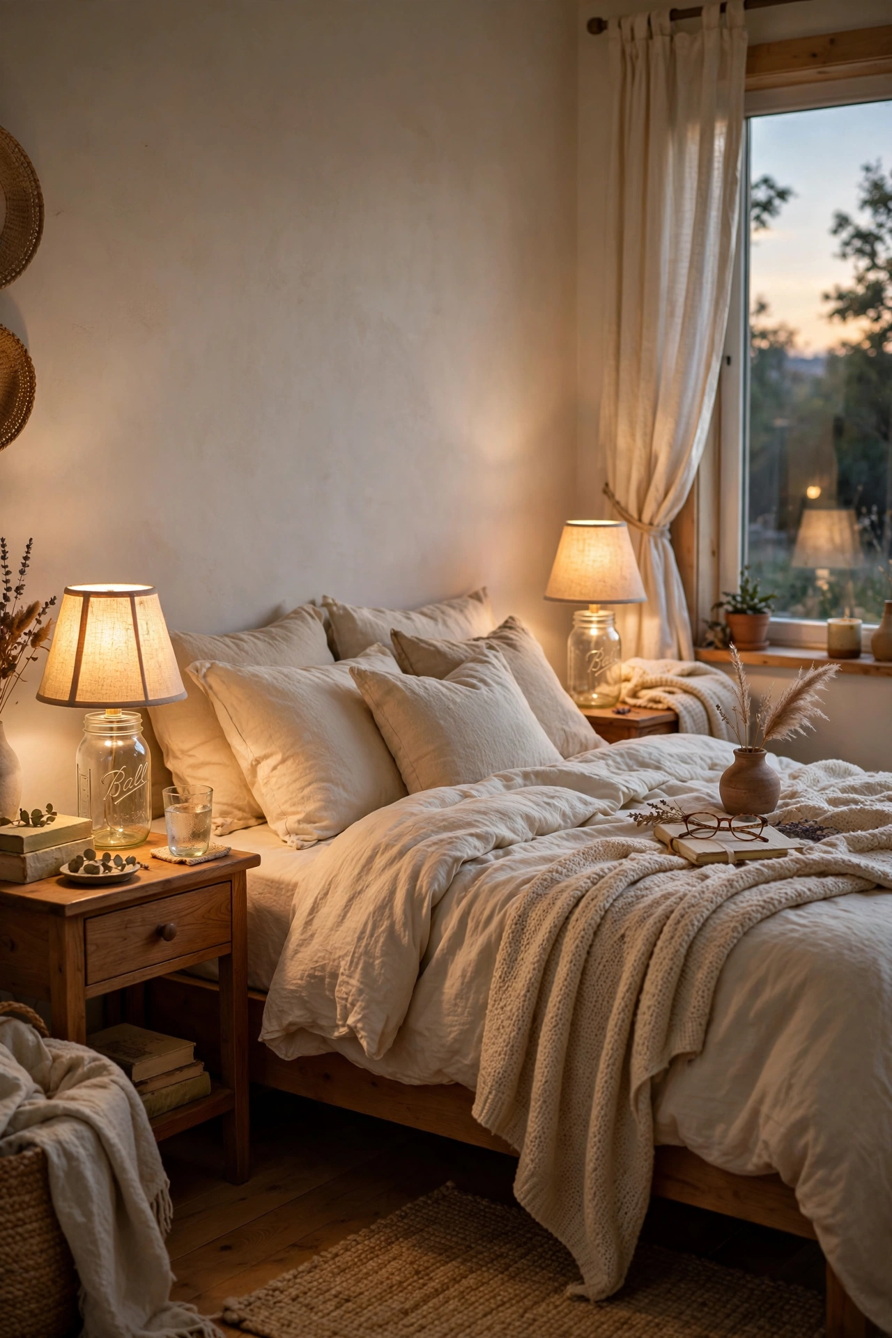 DIY mason jar table lamps with linen shades on farmhouse nightstands