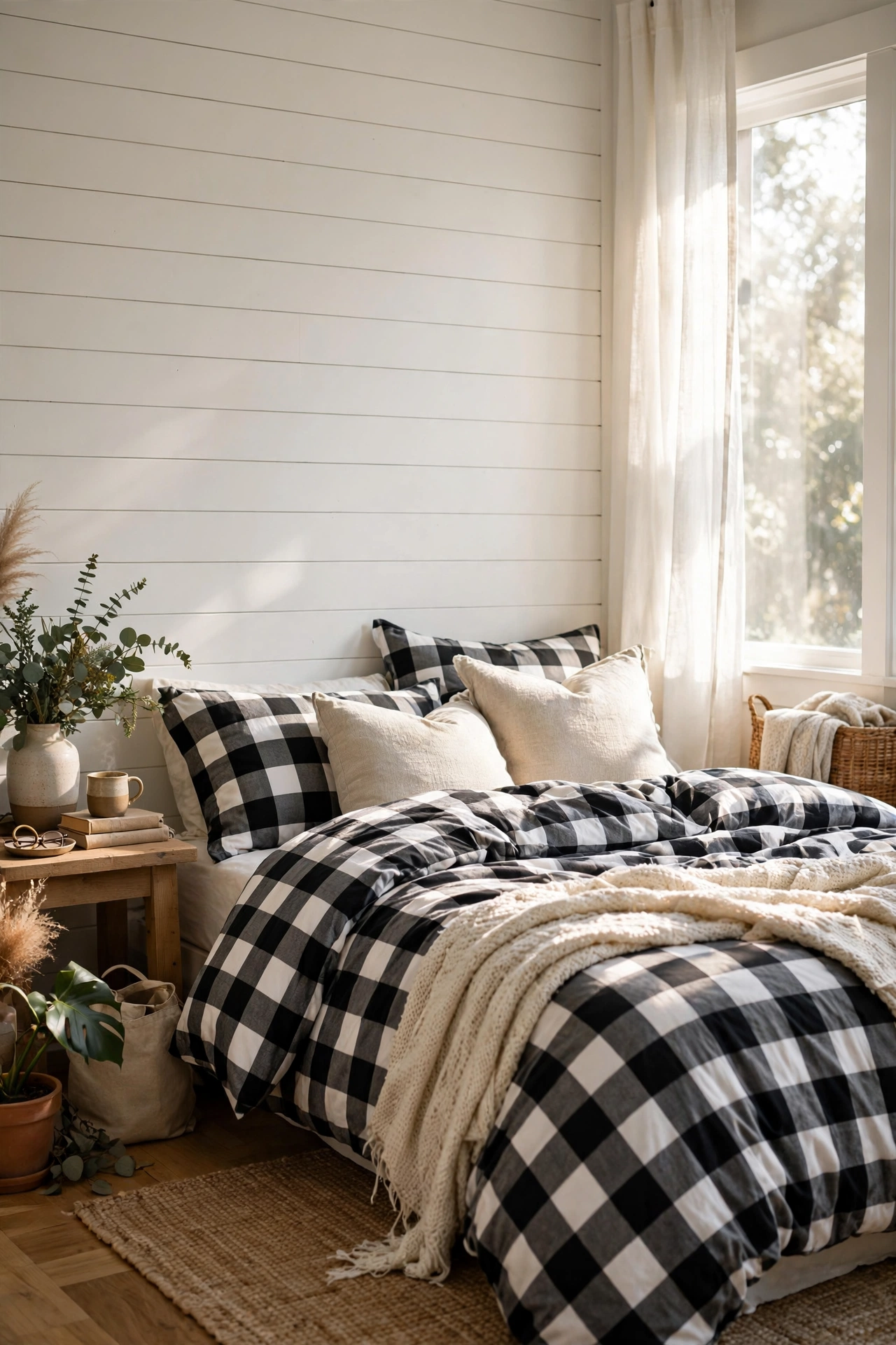 White peel-and-stick shiplap accent wall behind a farmhouse bed