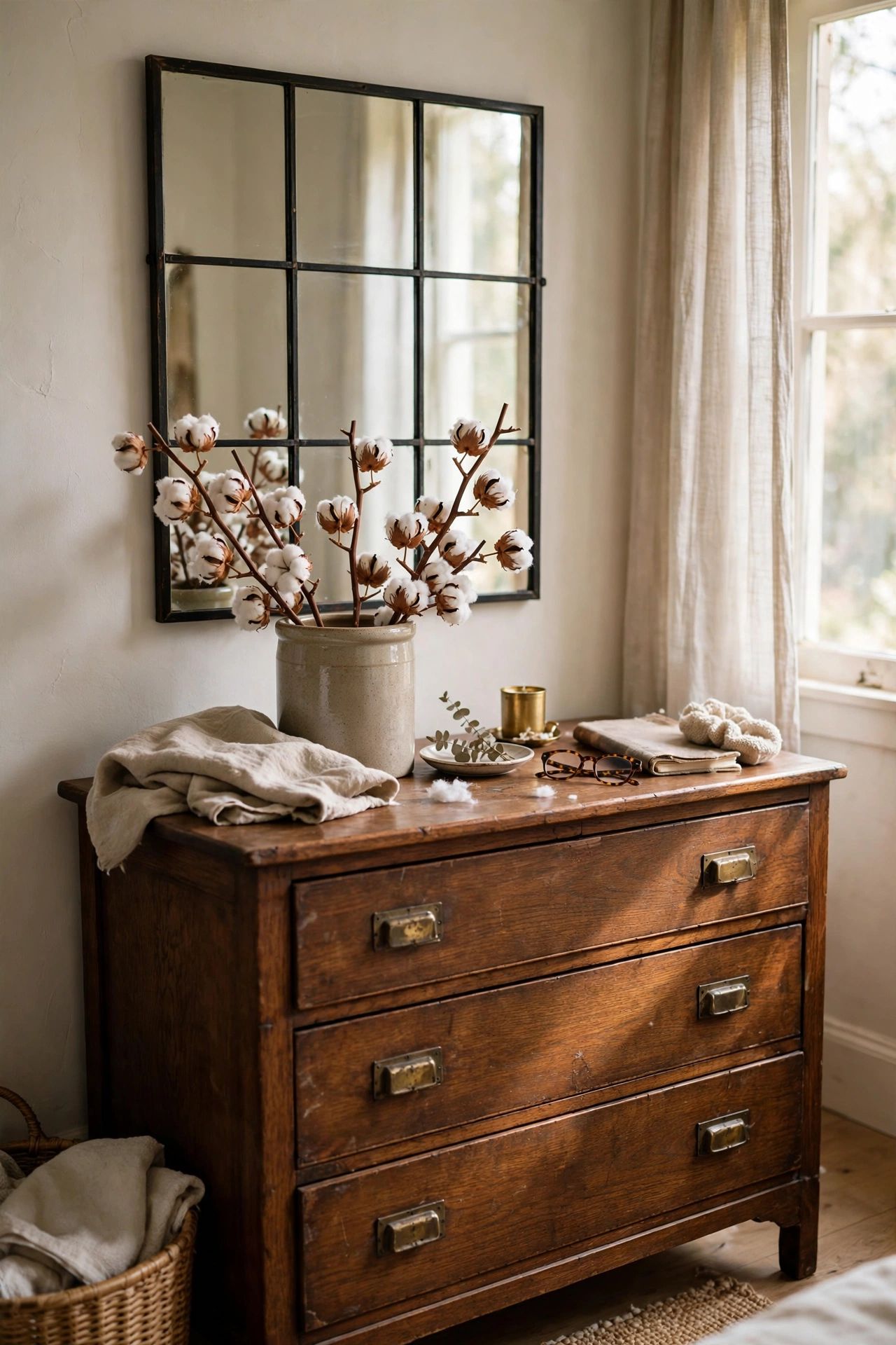 Cotton stems arranged in a stoneware crock on a farmhouse dresser