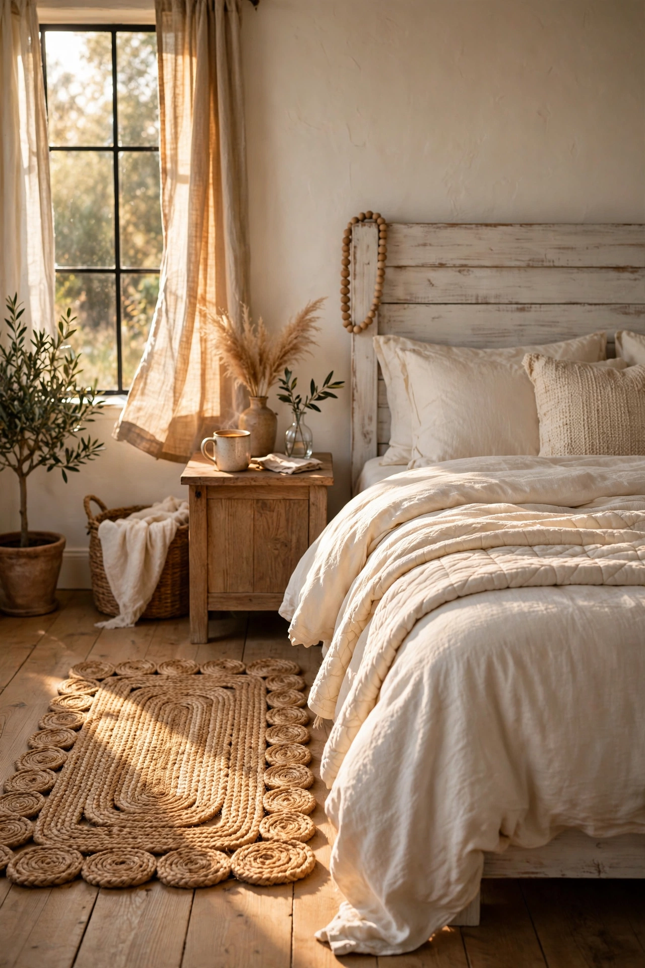 Braided jute rug laid beside a farmhouse bed