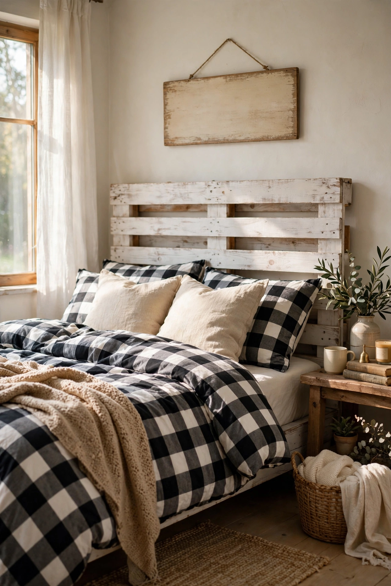 Painted farmhouse word sign hanging above the bed