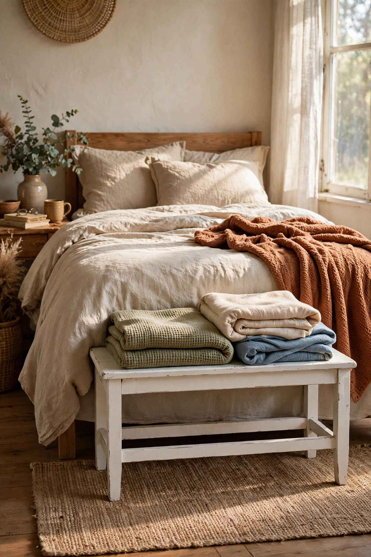 White repurposed door bench at the foot of a farmhouse bed