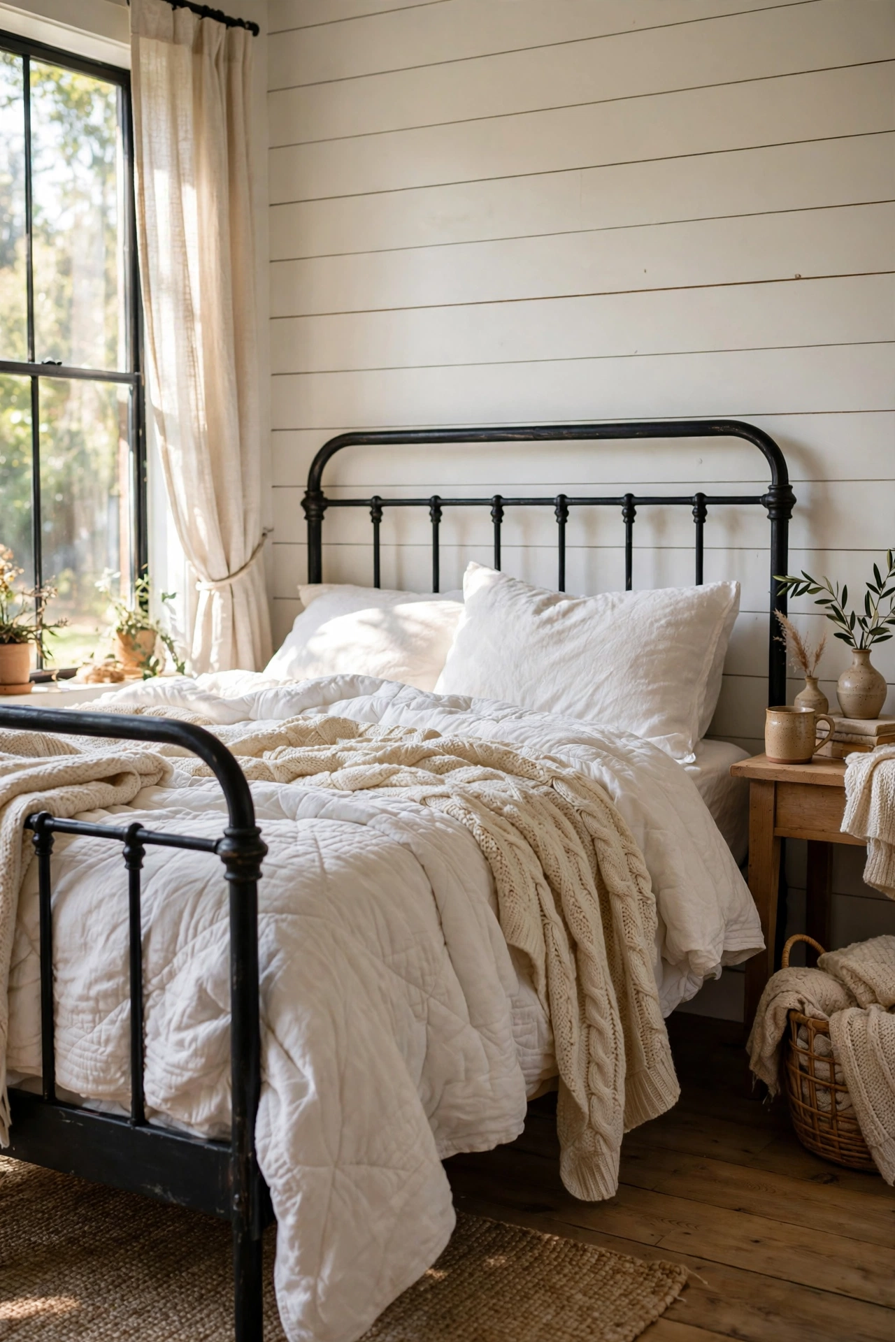 Black iron bed frame styled with soft white farmhouse bedding
