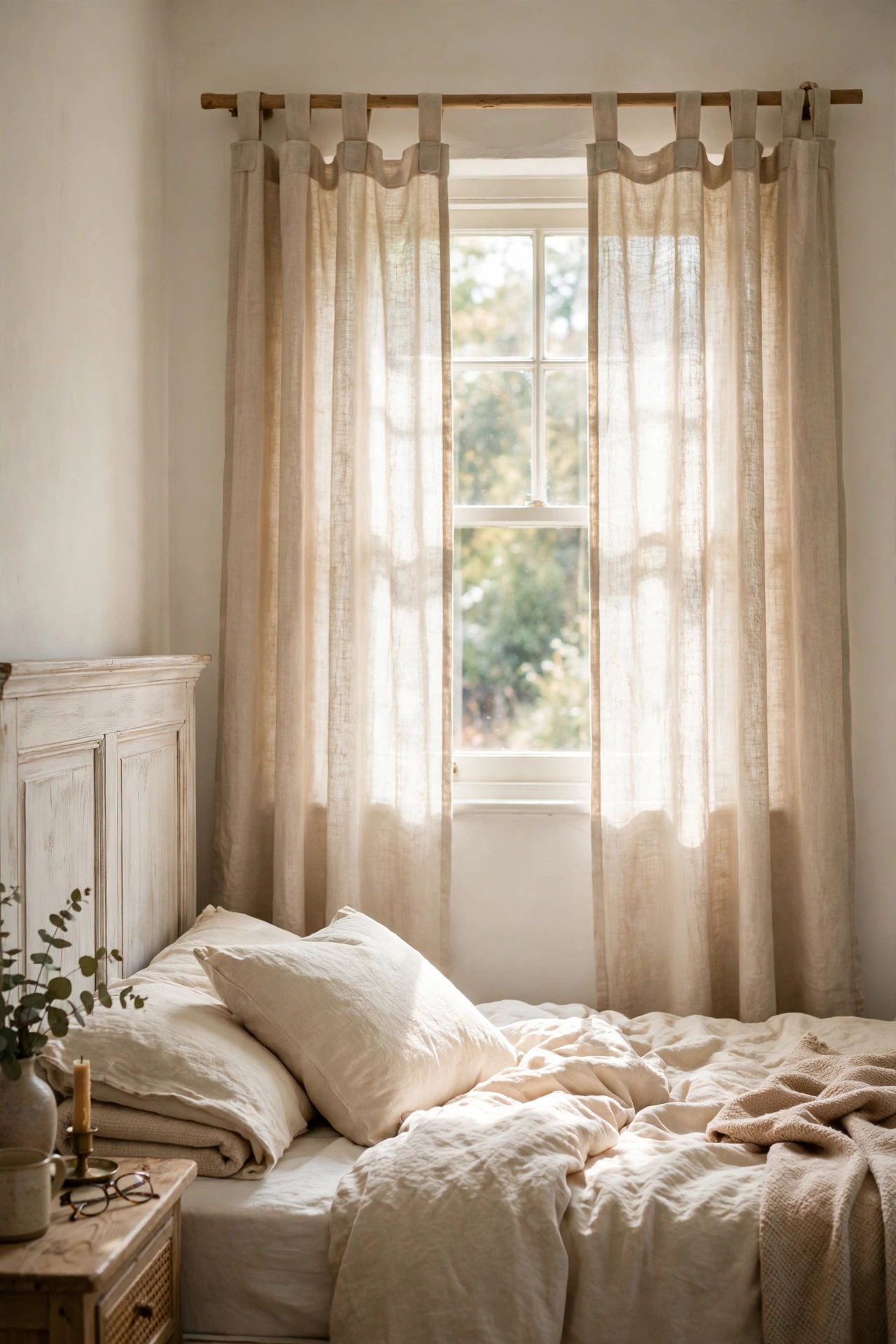 Tab-top linen curtains on a farmhouse bedroom window