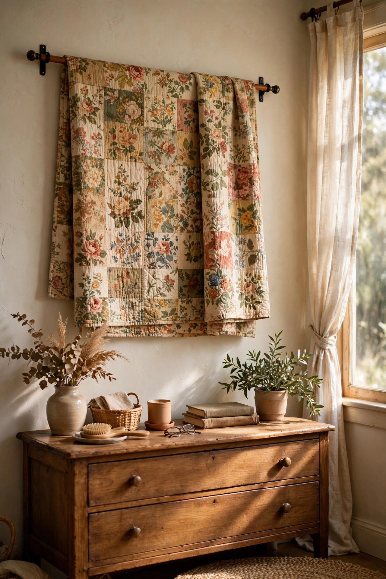Vintage floral quilt hung as wall art in a farmhouse bedroom