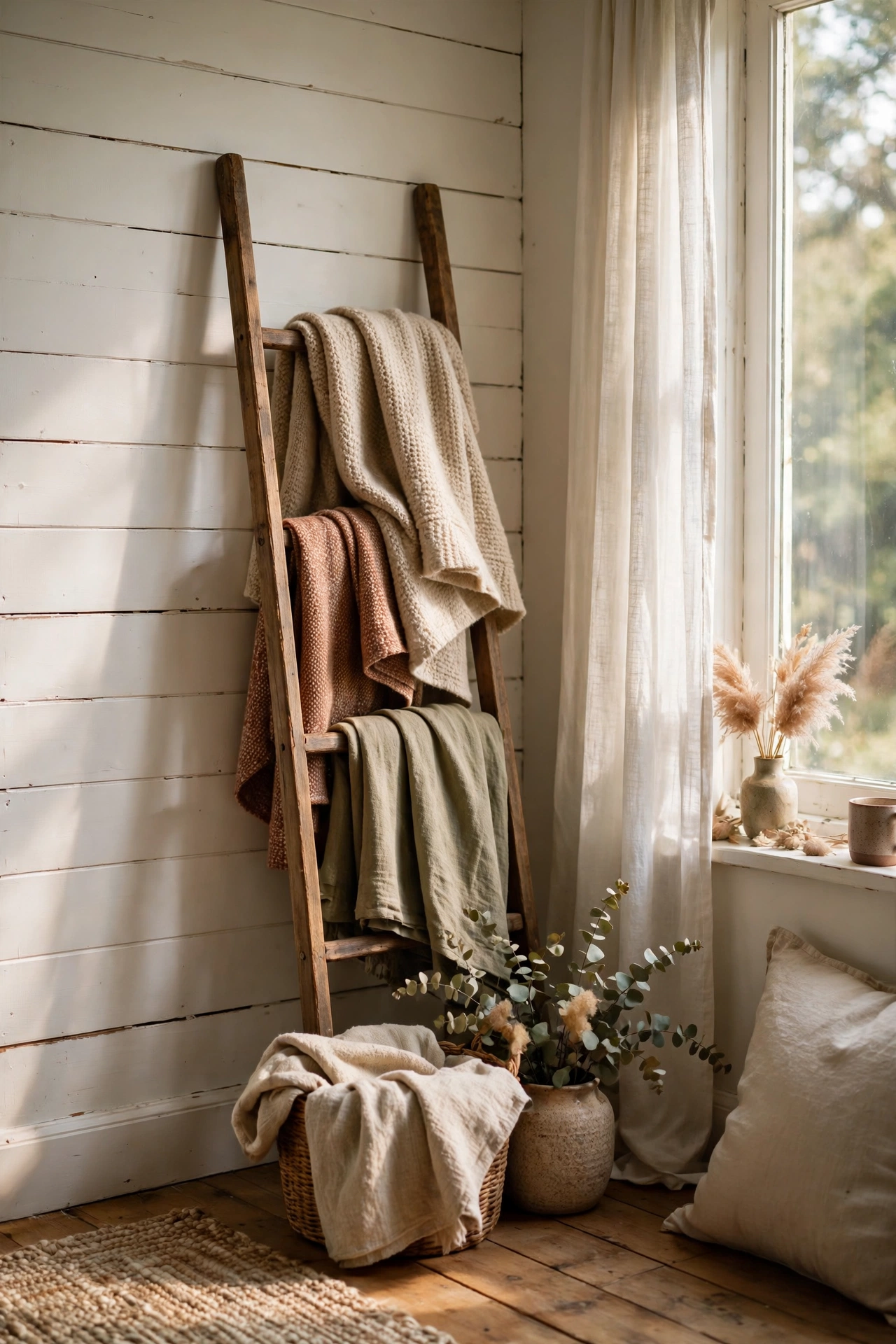 Wooden ladder blanket rack with folded throws in a farmhouse bedroom corner