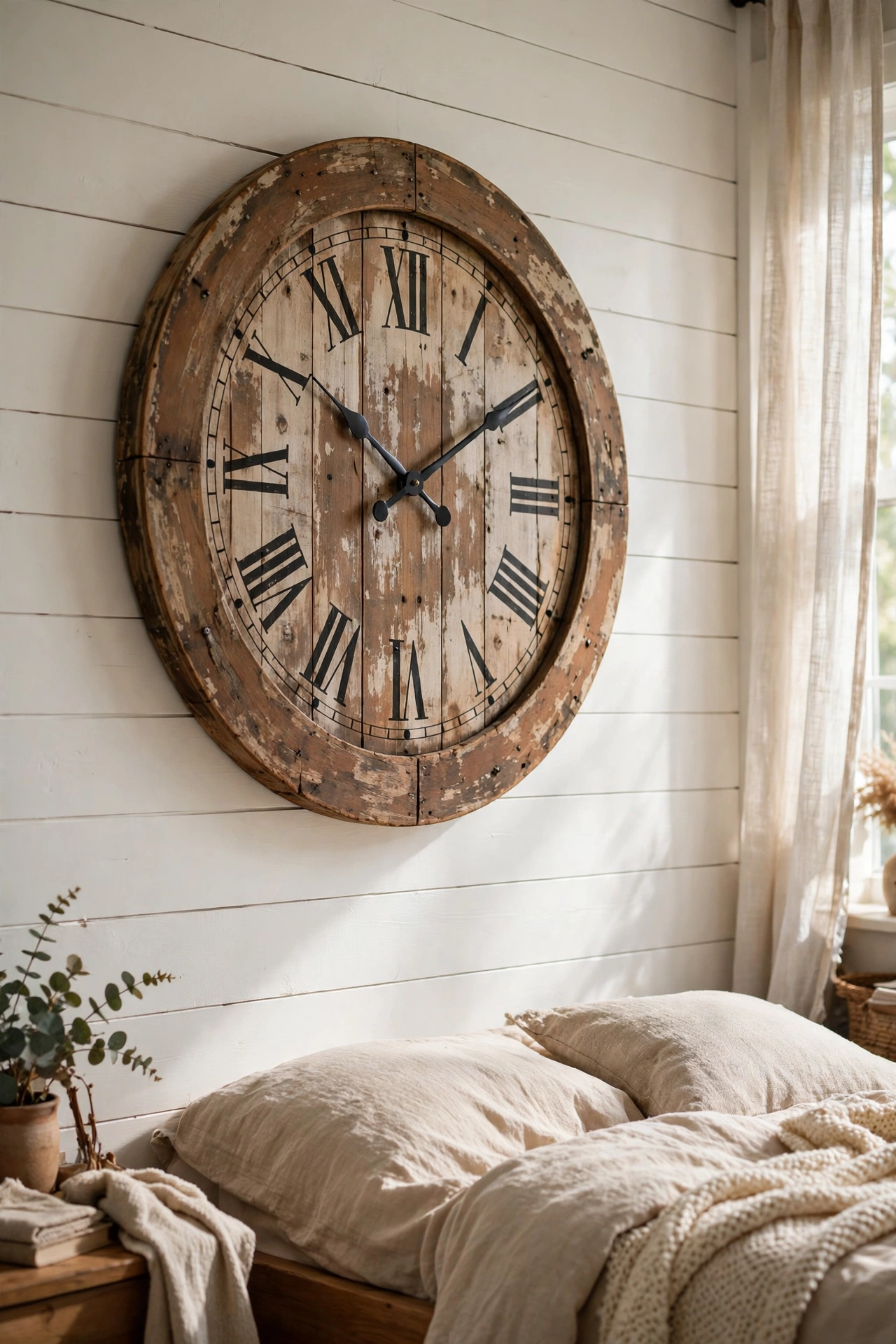 Oversized distressed wood farmhouse clock on a bedroom wall