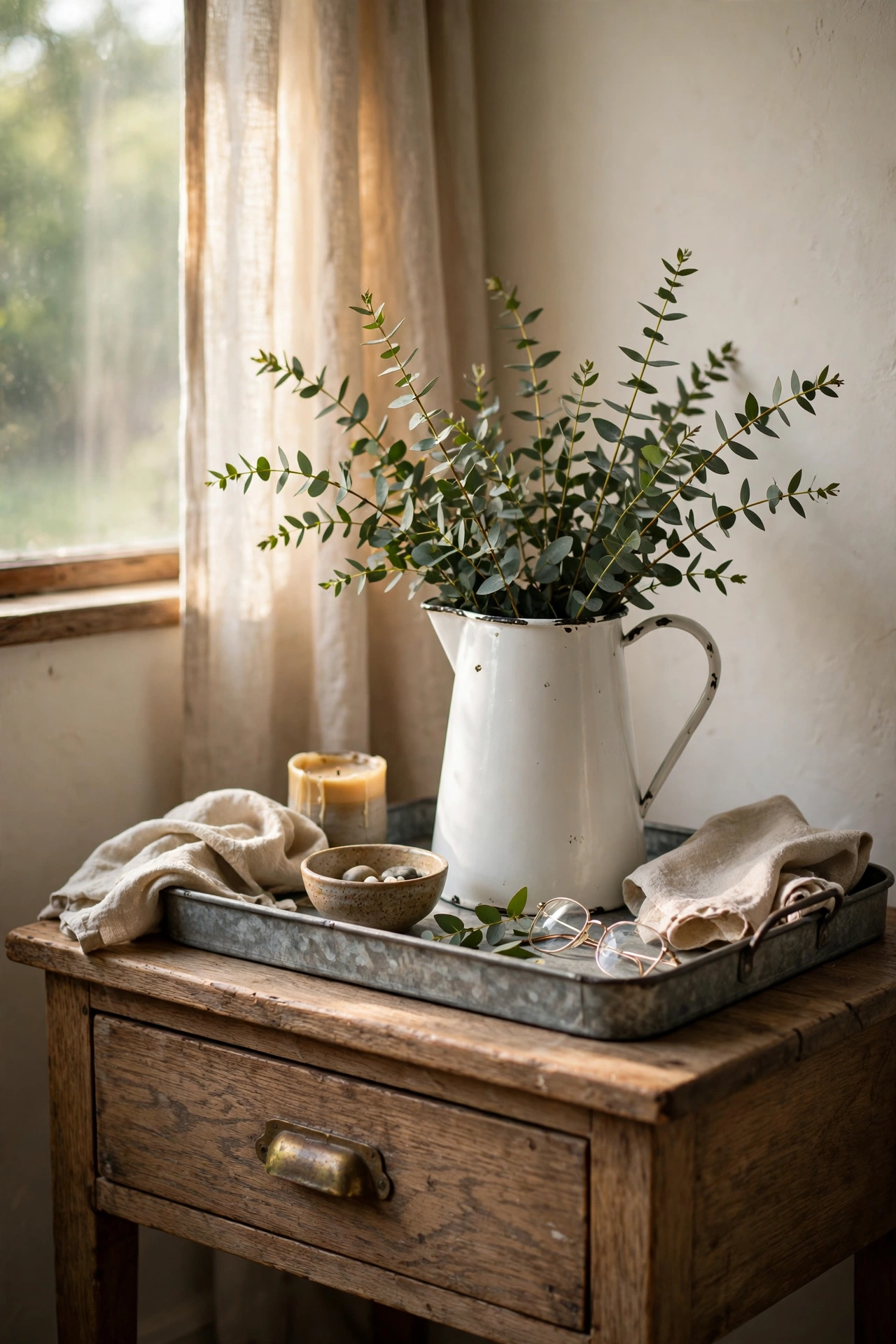 White enamel pitcher with eucalyptus stems on a farmhouse nightstand