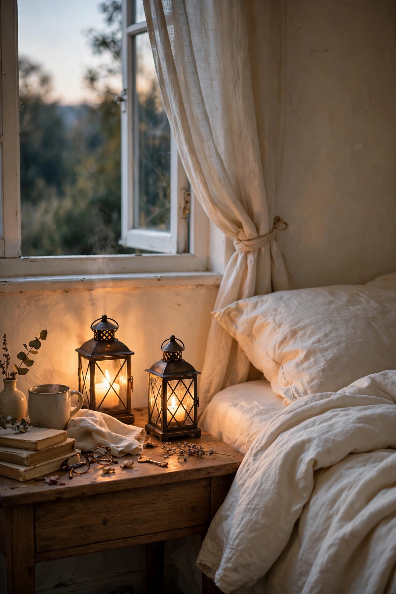 Metal lantern candle holders glowing on a farmhouse nightstand