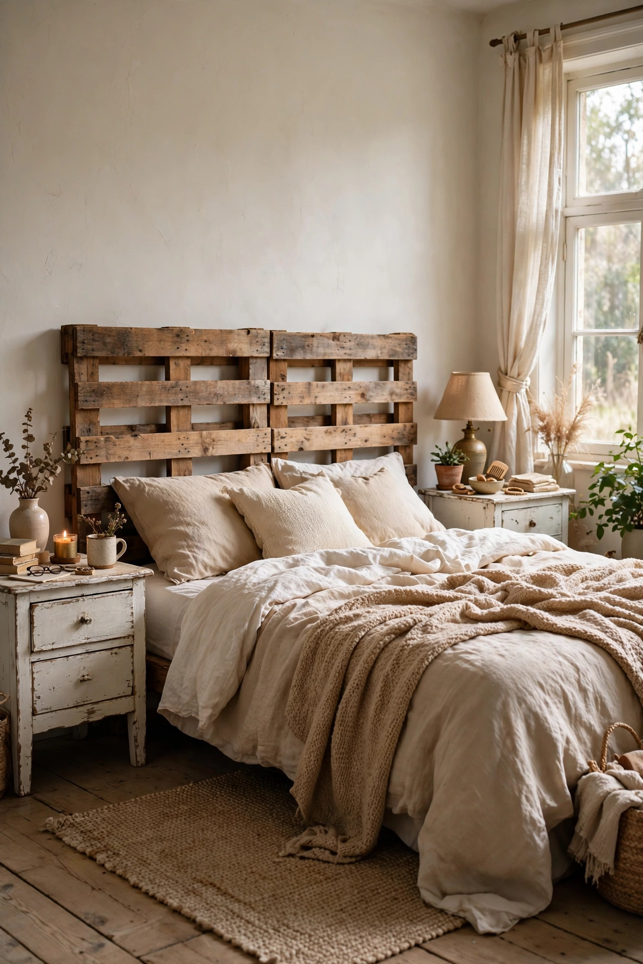 Distressed white milk-painted nightstands in a farmhouse bedroom