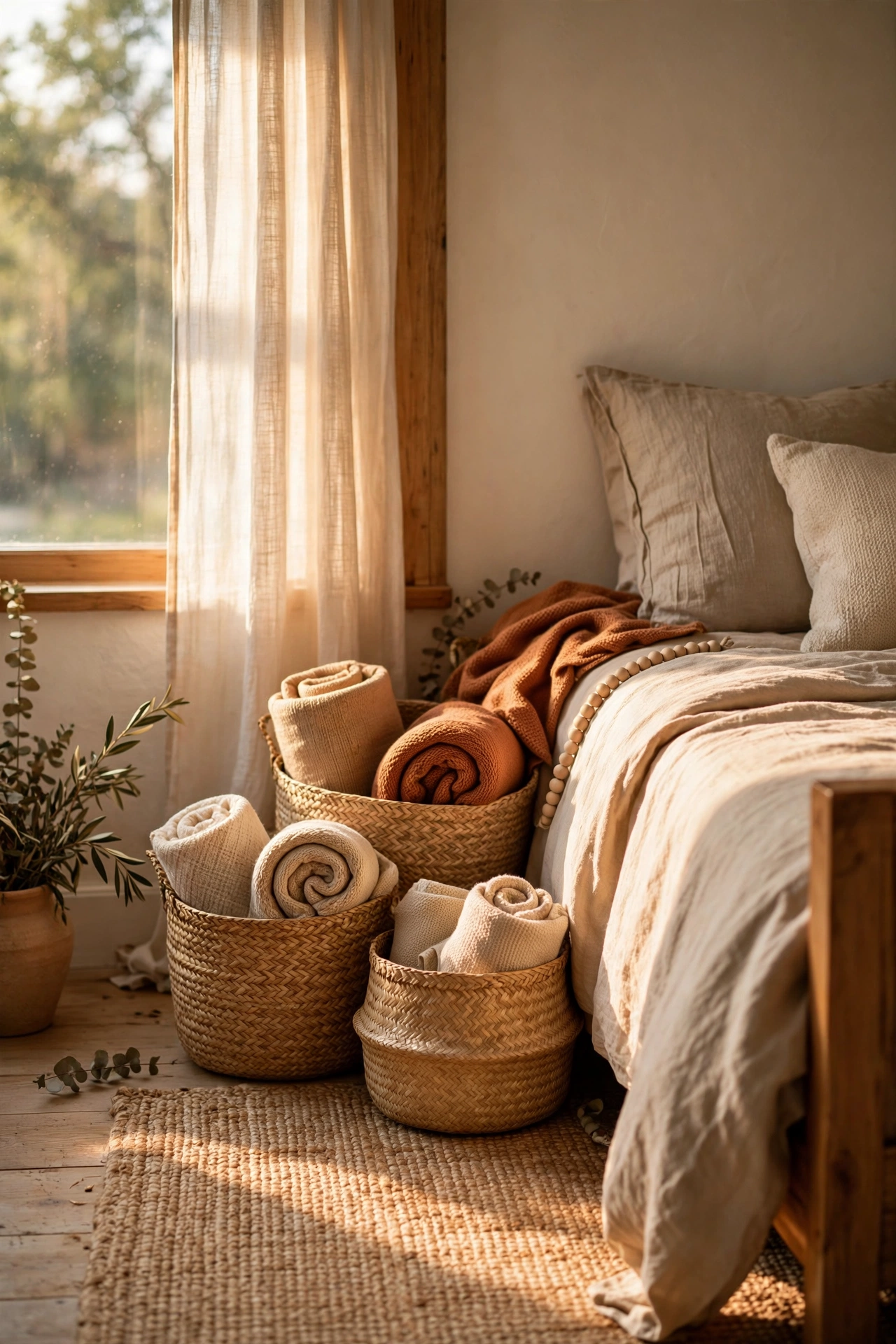 Woven seagrass baskets storing rolled throws in a farmhouse bedroom