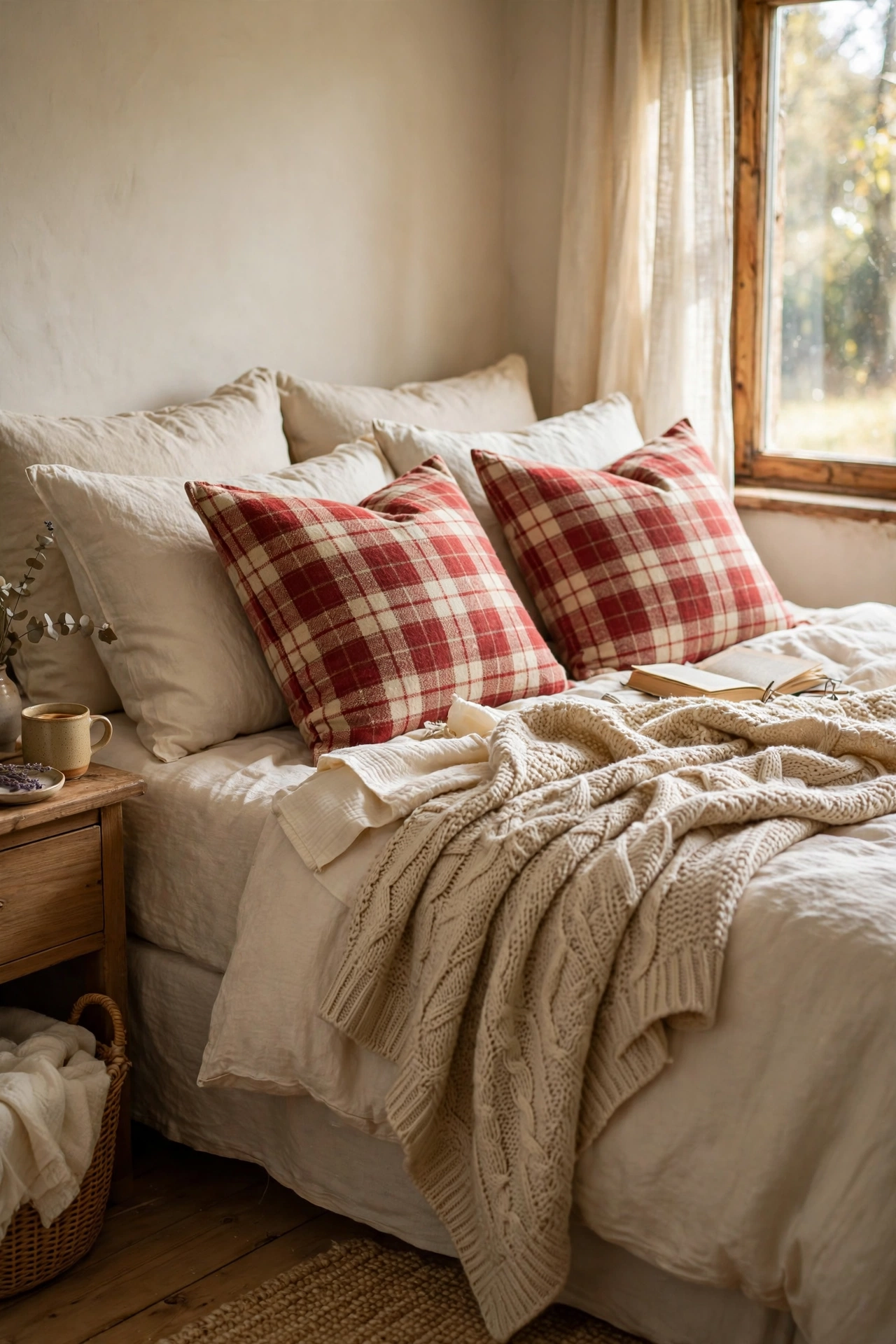 Red and cream plaid flannel throw pillows on a farmhouse bed