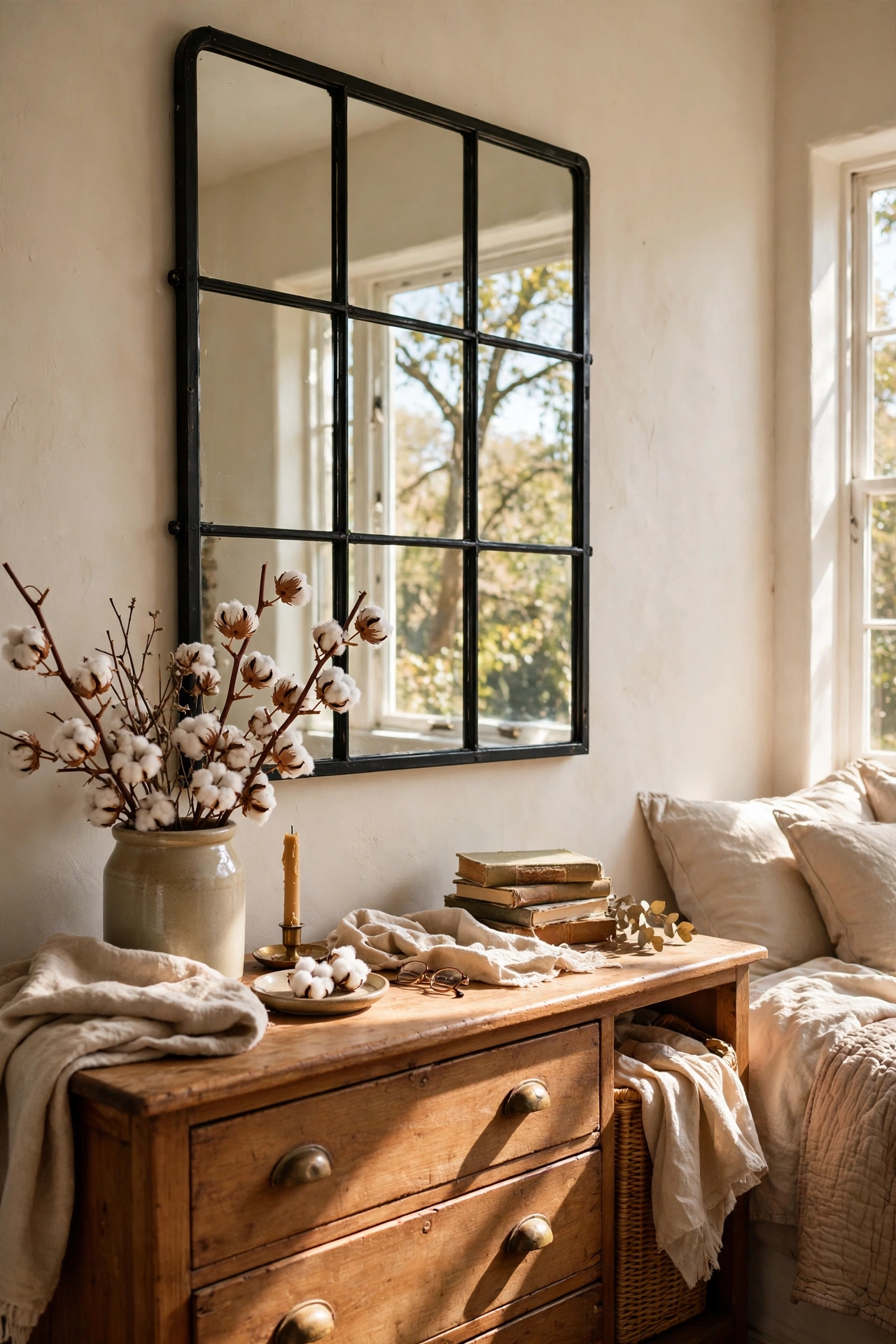 Black windowpane mirror hanging above a farmhouse dresser