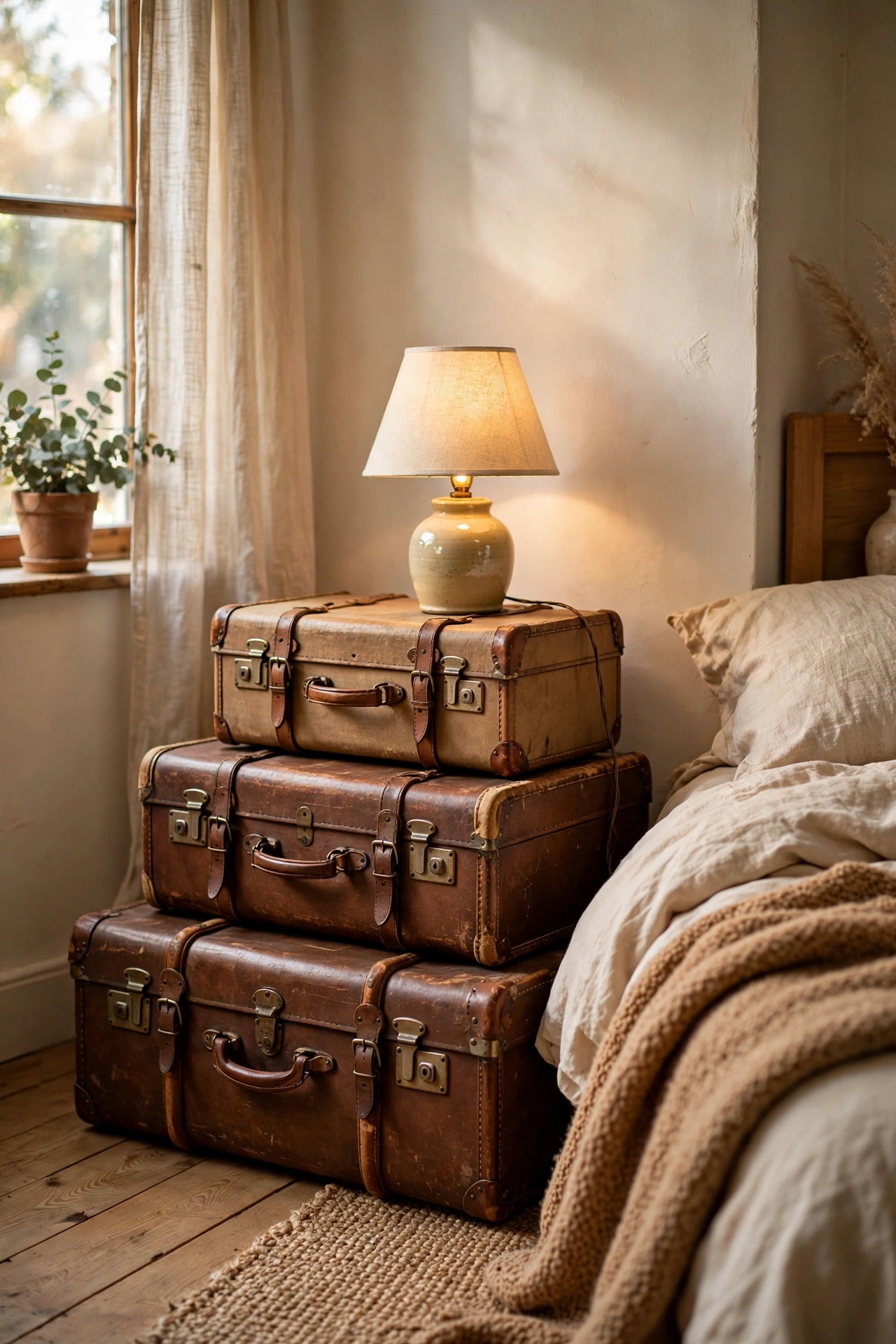 Stacked vintage suitcases used as a side table in a farmhouse bedroom