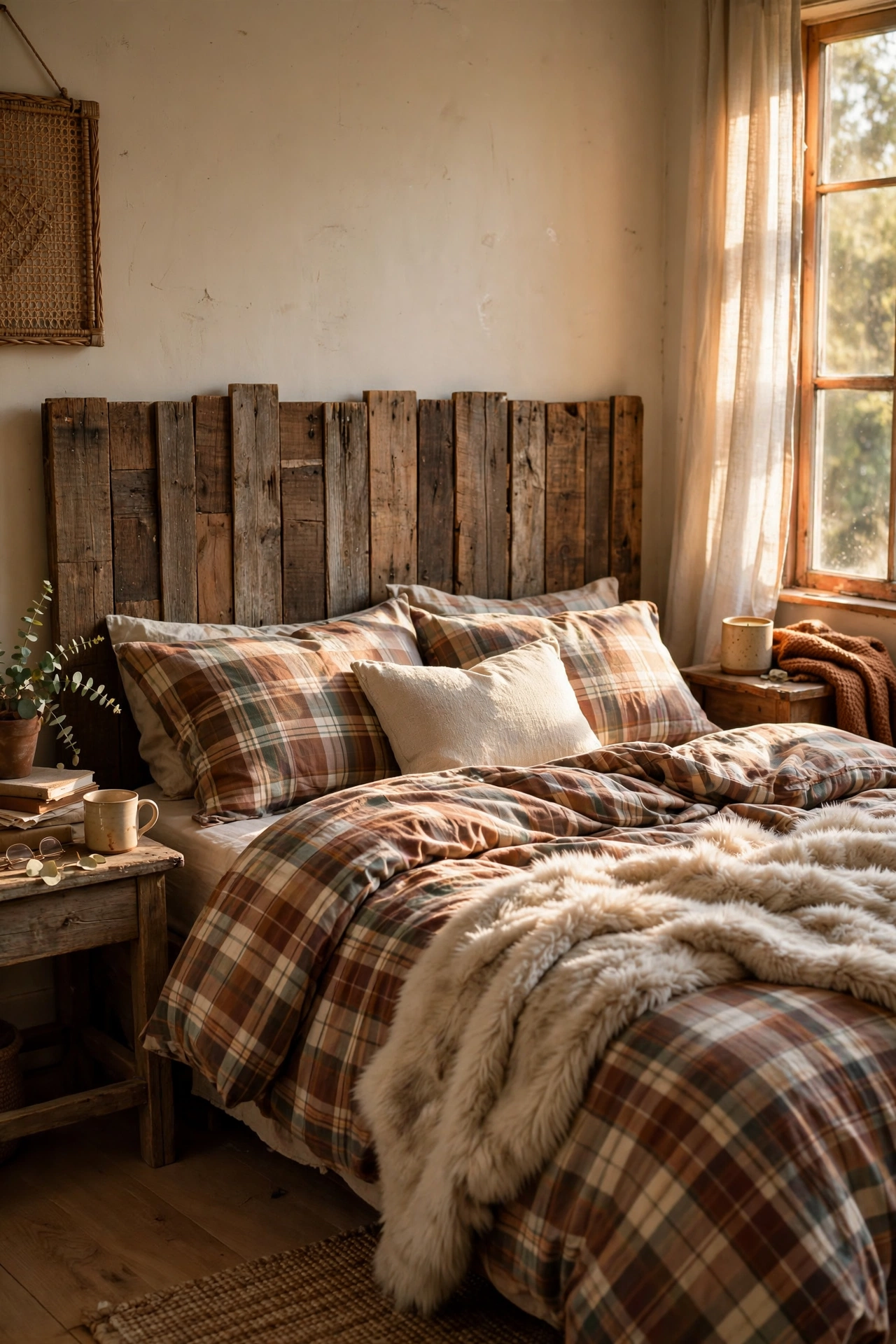Reclaimed wood plank headboard behind a rustic bed with plaid bedding