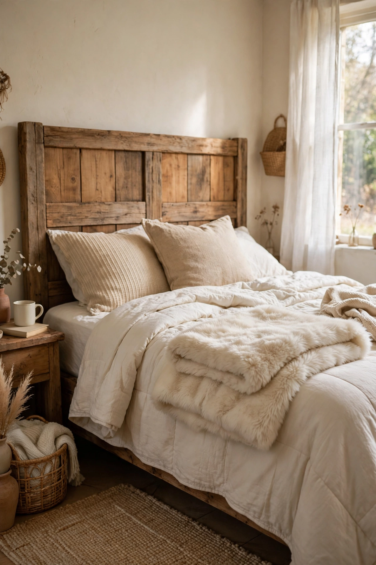 Cream faux fur throw folded over a quilt on a rustic bed