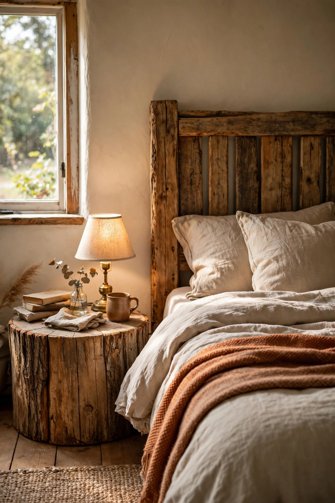 Thick log slice nightstand with bark intact beside a rustic bed