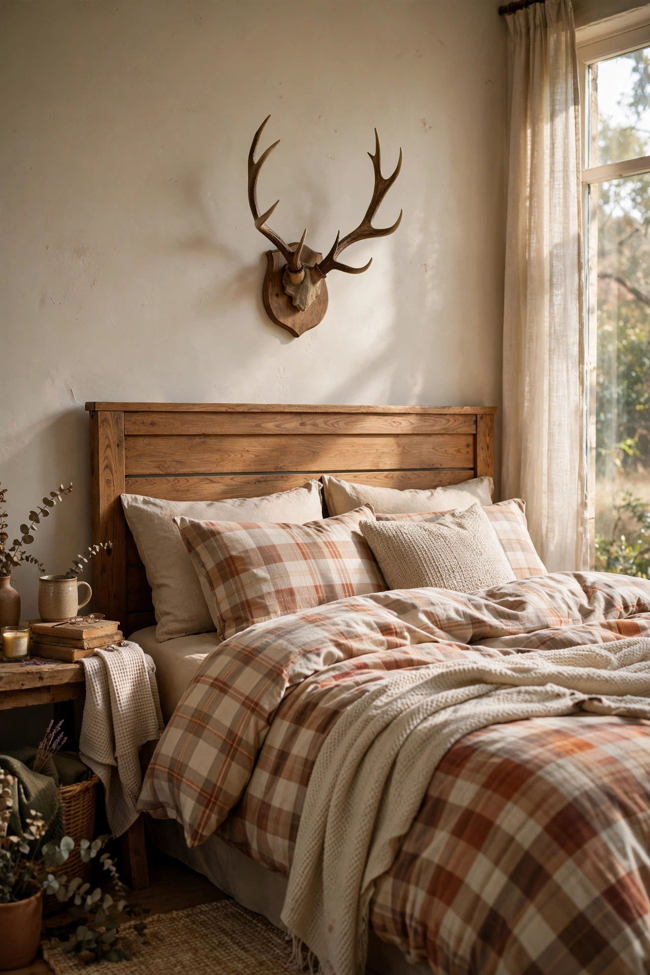 Faux antler mount centred above a rustic bed headboard