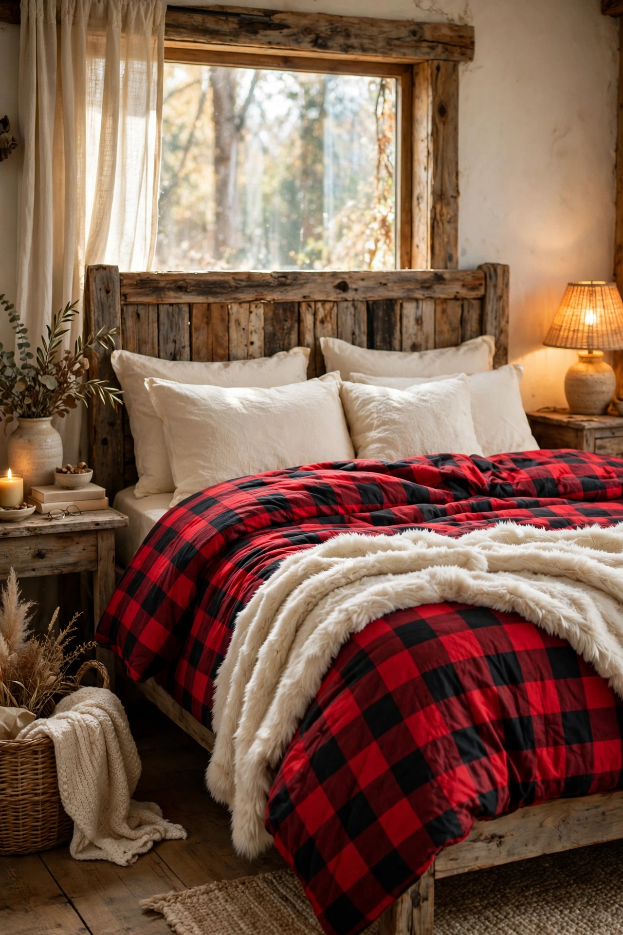 Red and black buffalo plaid bedding on a rustic bed