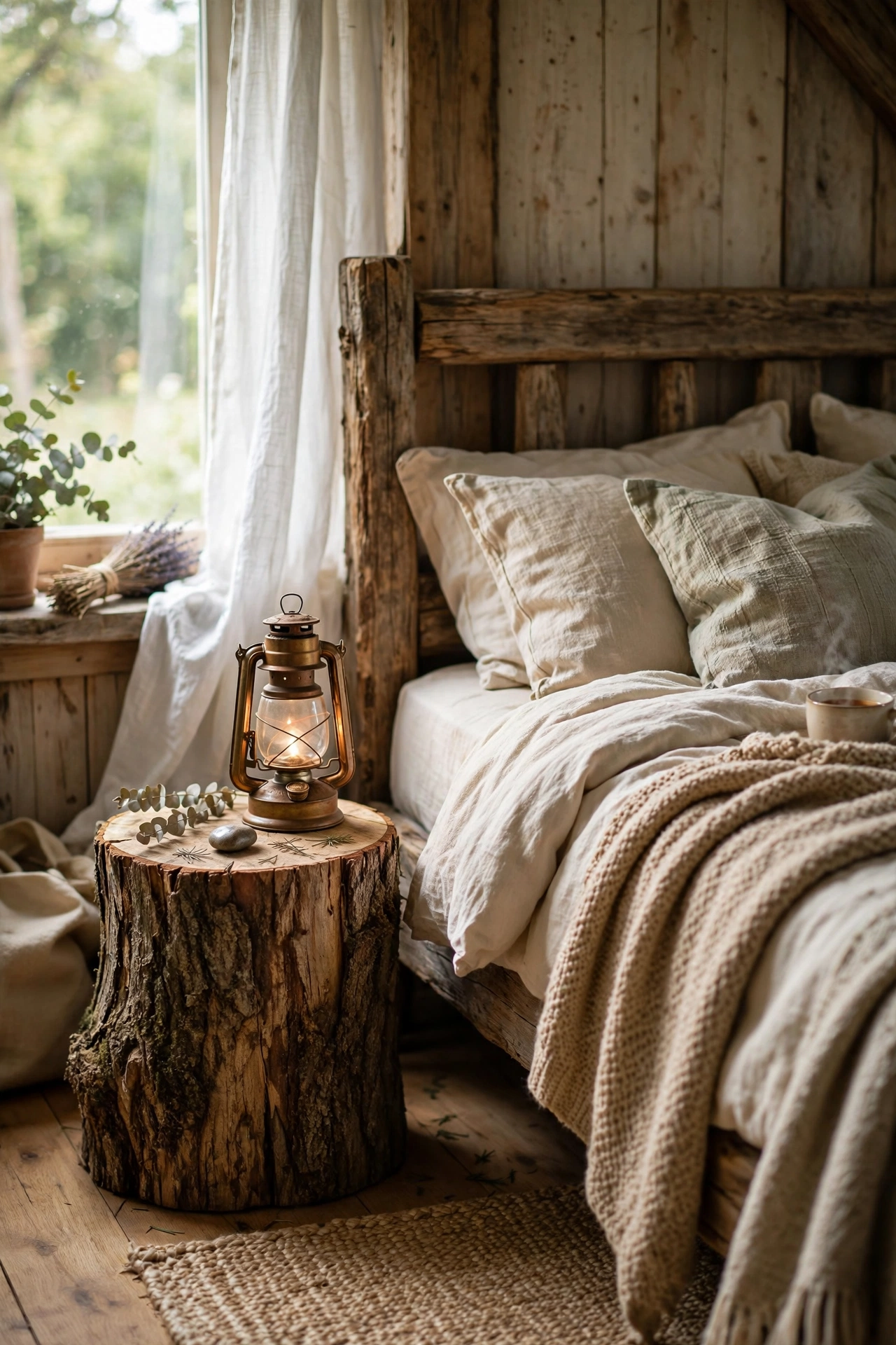 Natural tree stump side table beside a rustic bed