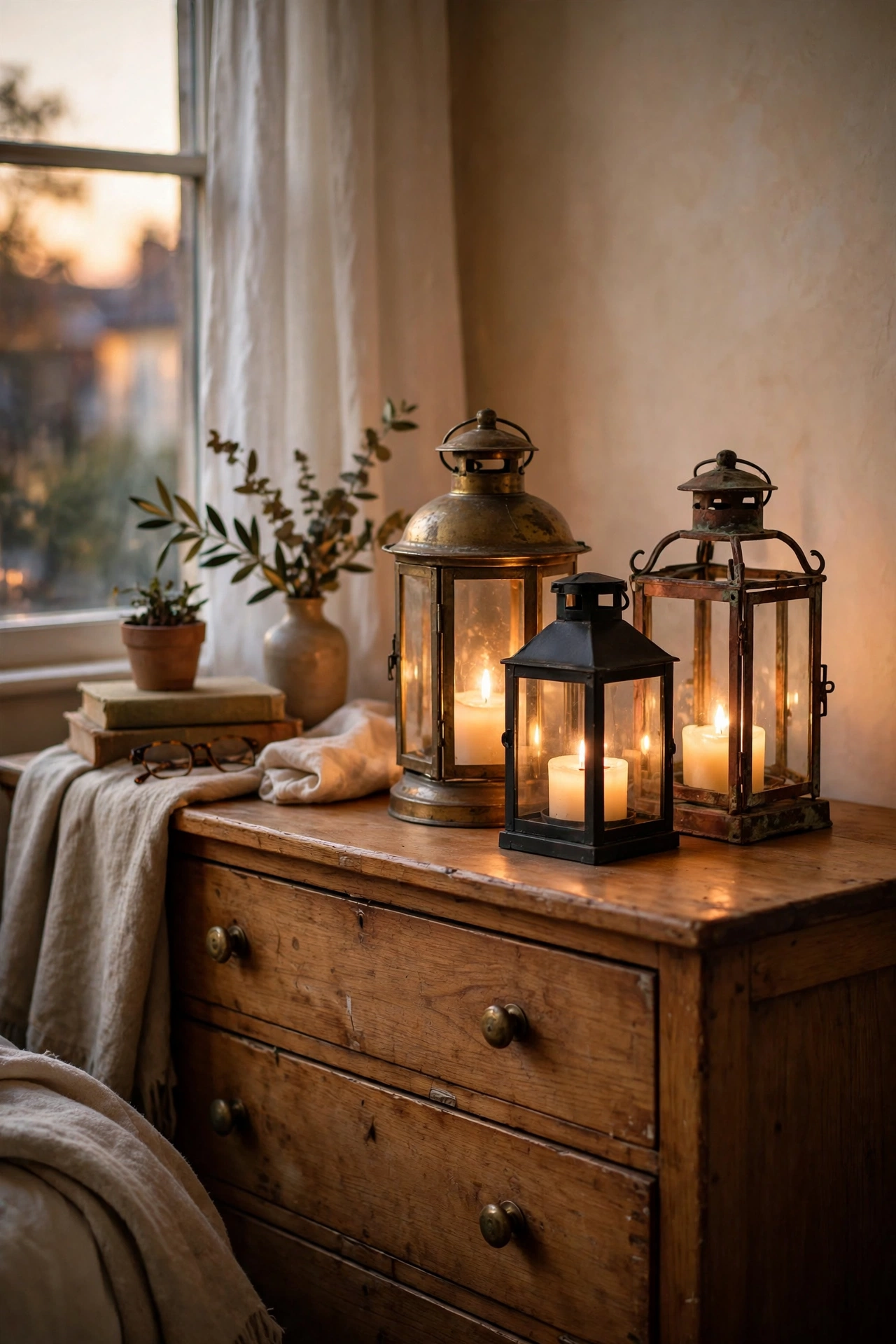 Three metal lantern candle holders grouped on a rustic dresser