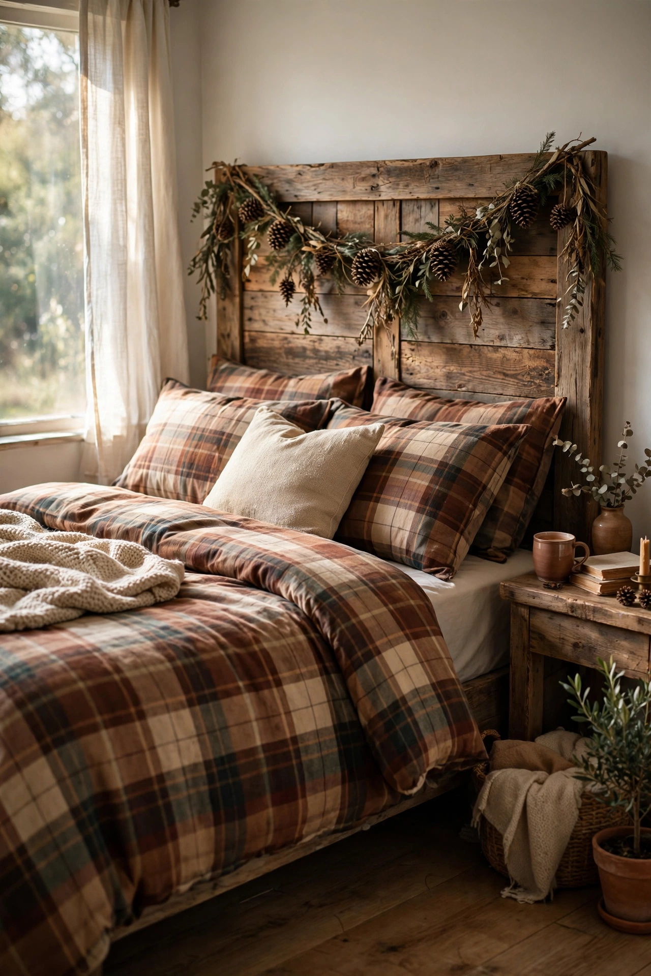 Pinecone garland draped across a rustic wood headboard