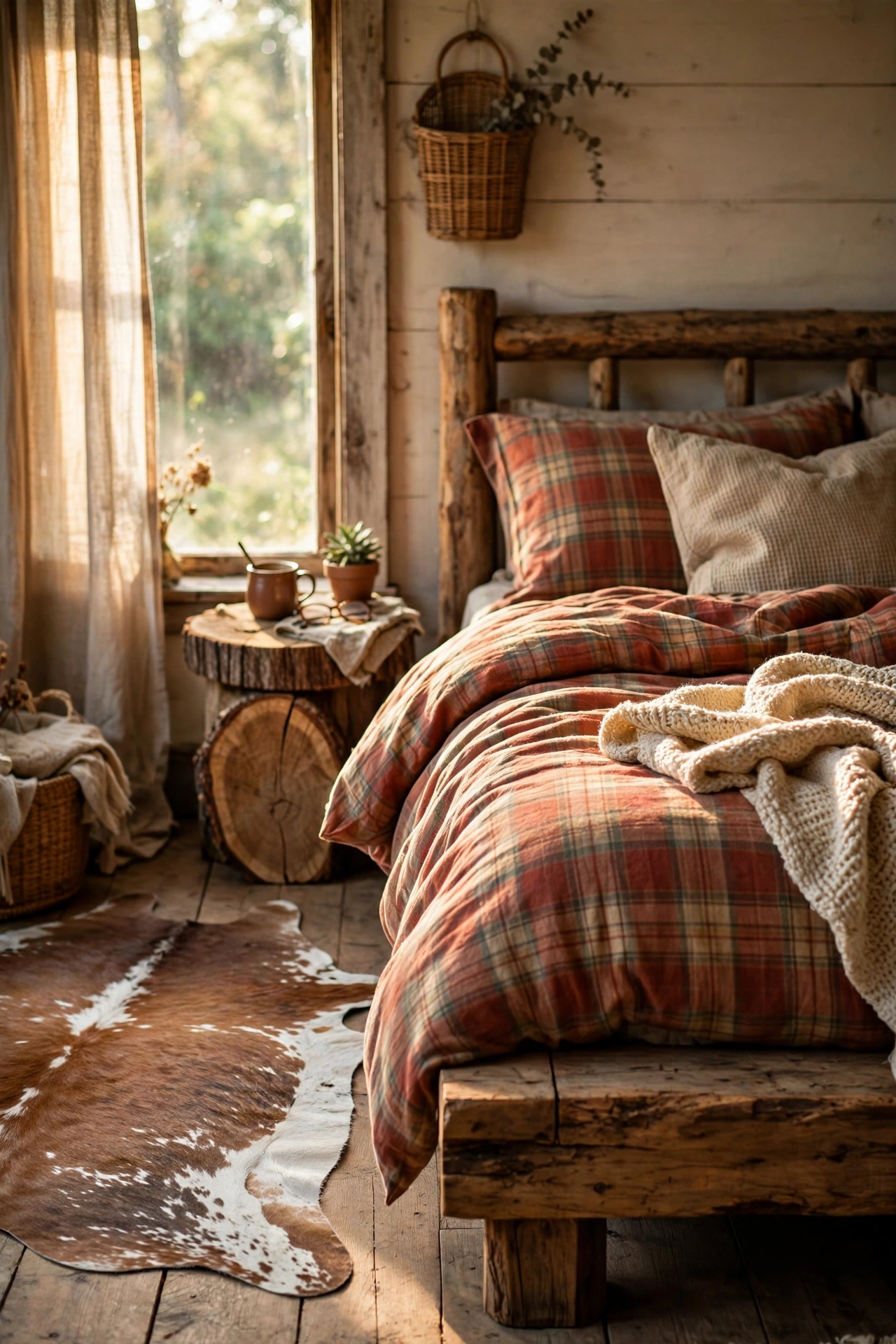 Faux cowhide rug laid beside a rustic bed