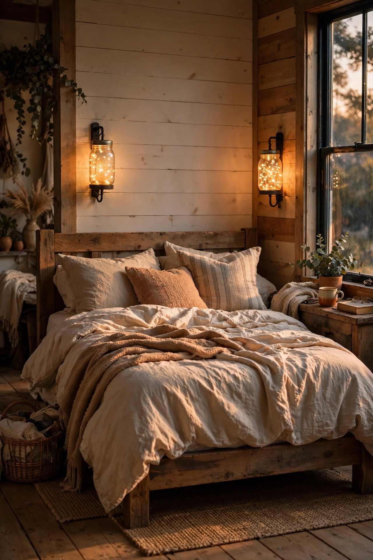 Mason jar wall sconces with fairy lights on either side of a rustic bed