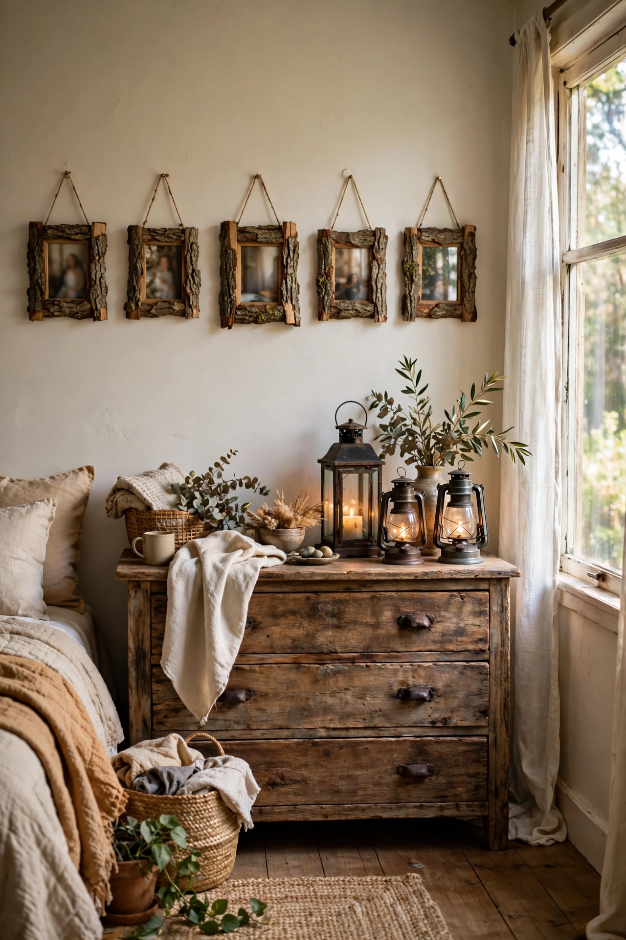 Photo frames covered in bark strips hung above a rustic dresser
