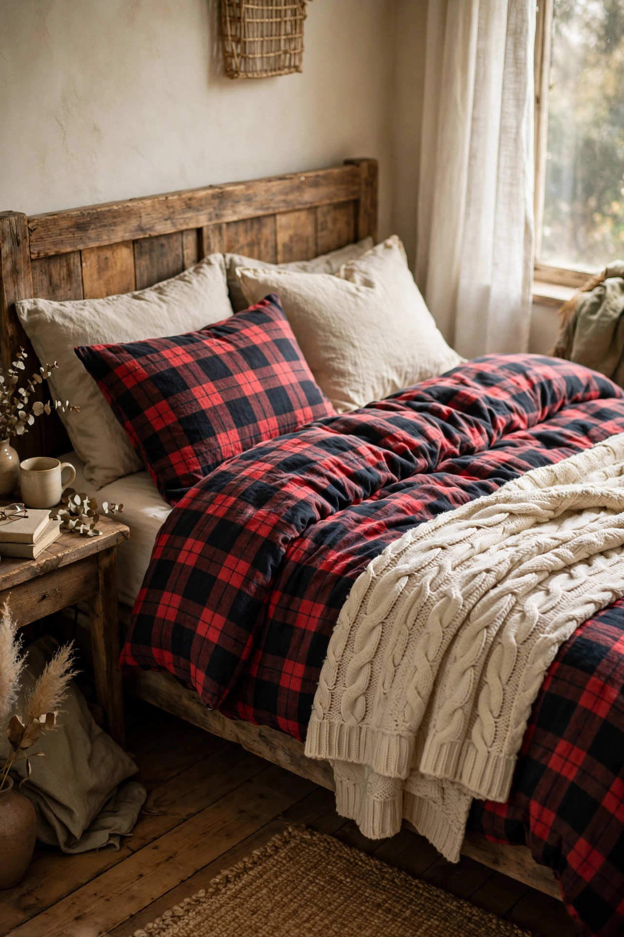 Cream chunky cable-knit blanket folded at the foot of a rustic bed