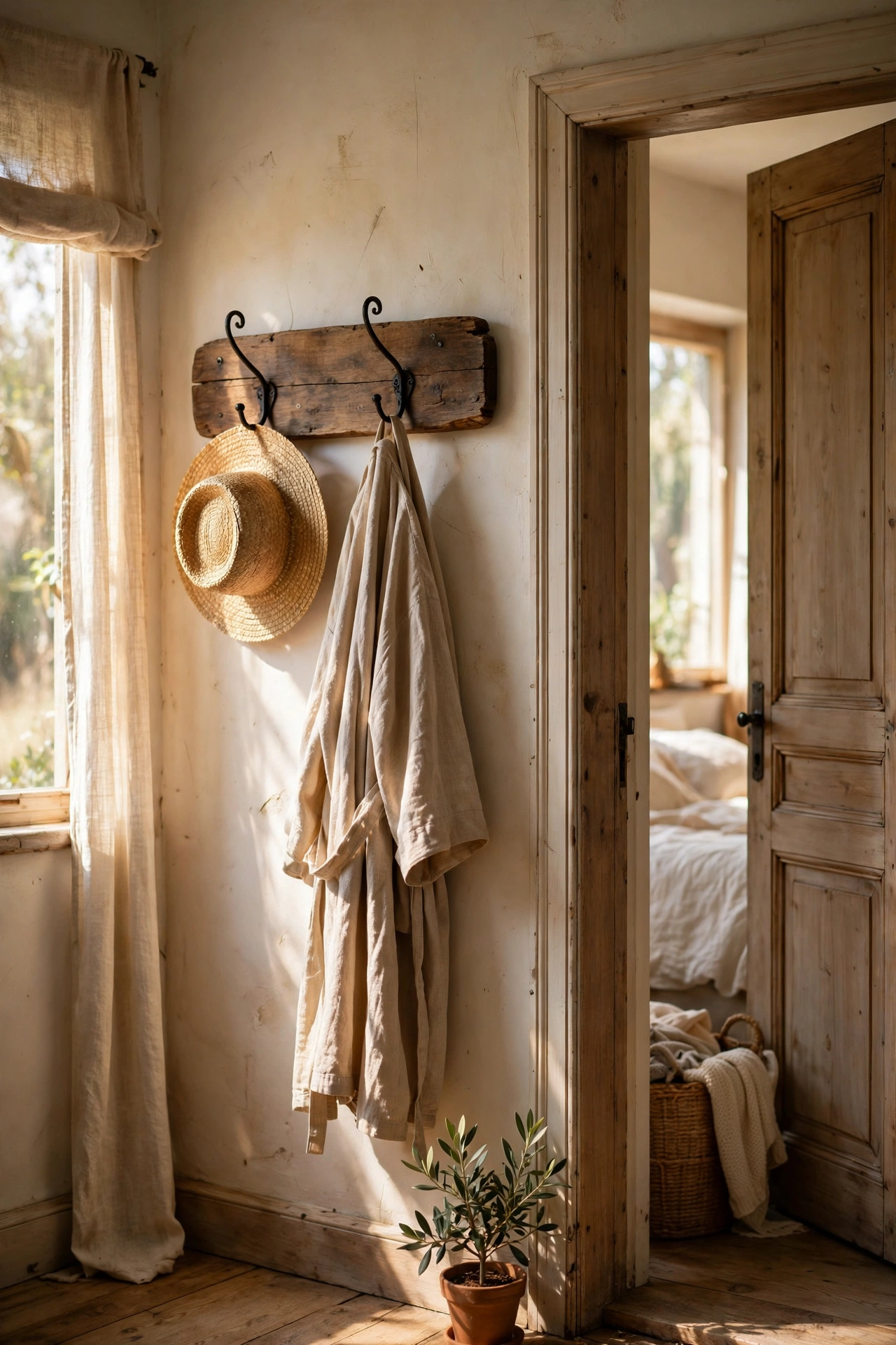 Wrought iron hooks on a wooden board by a rustic bedroom door