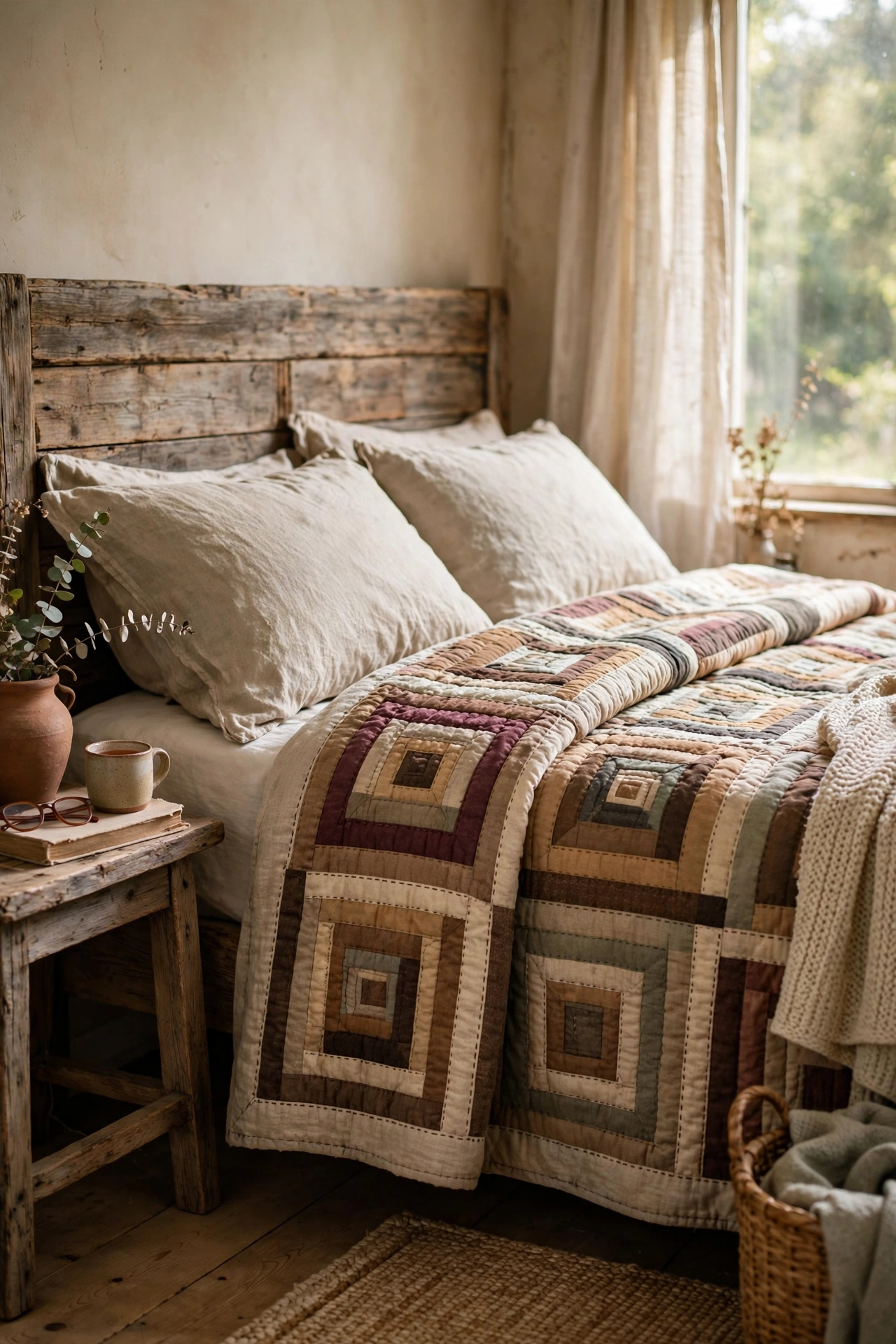 Vintage hand-stitched cabin quilt used as a bedspread on a rustic bed