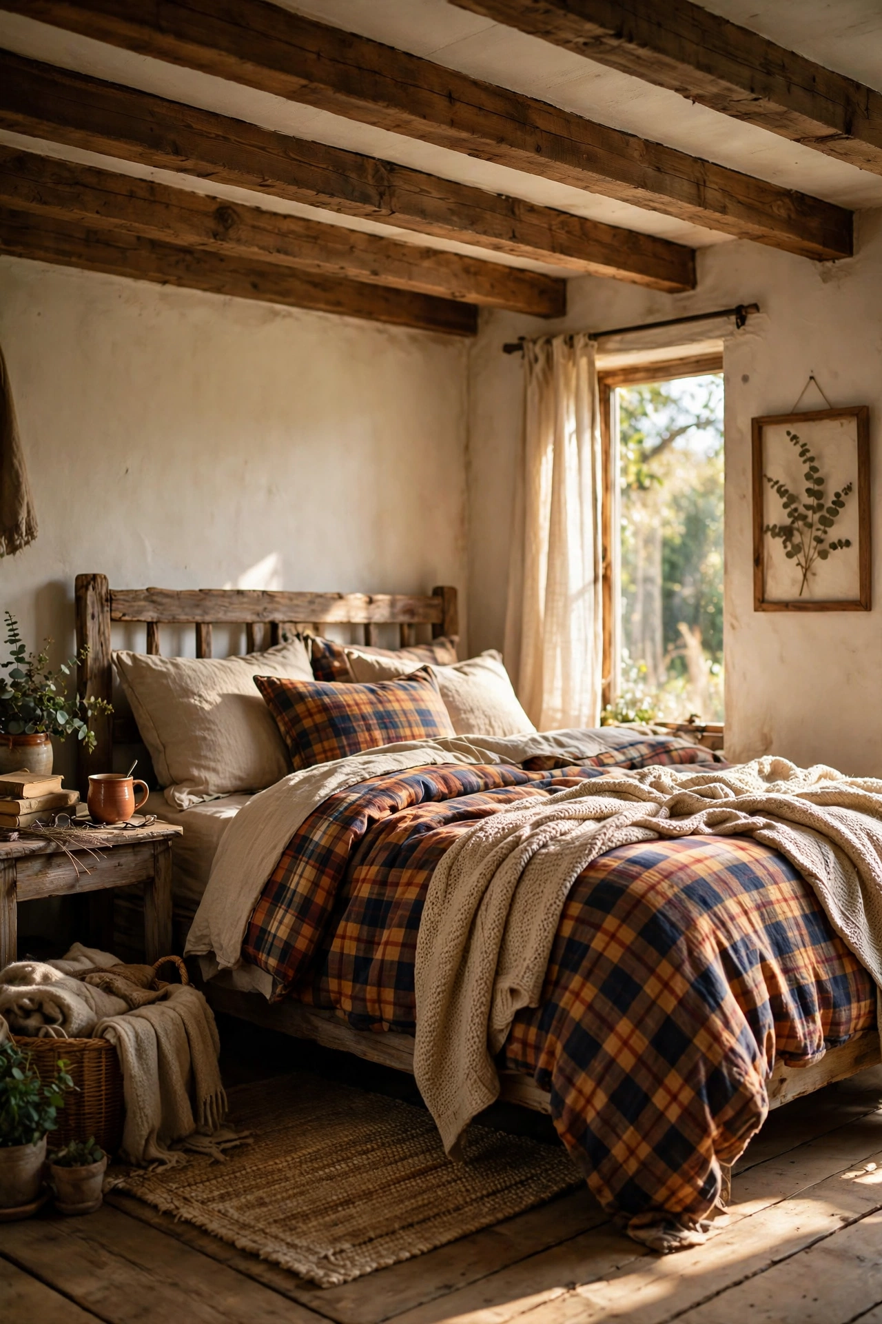 Faux wood beams installed across a rustic bedroom ceiling