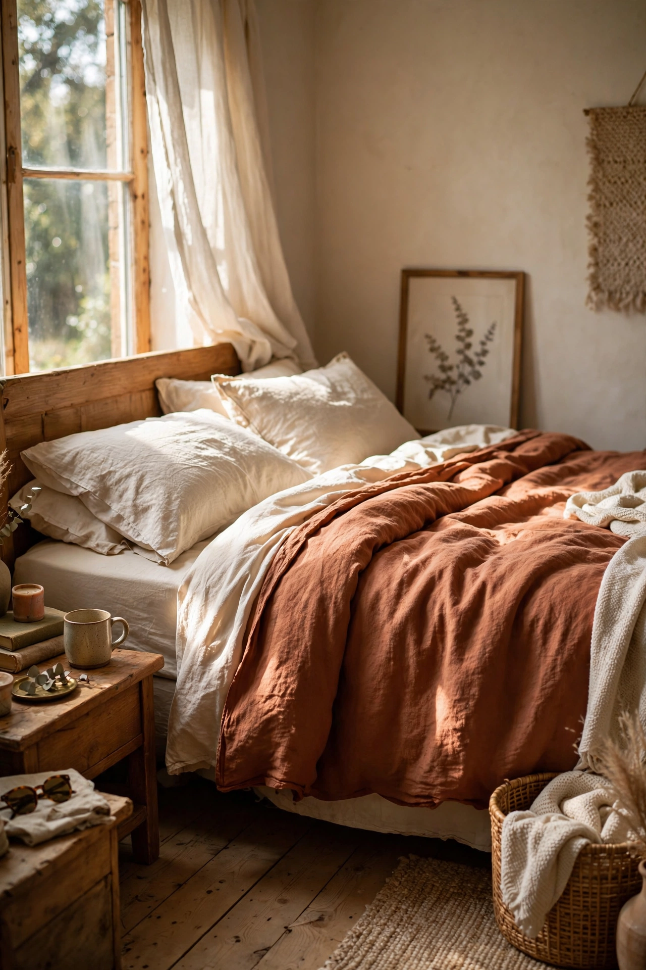 Bed with a washed terracotta linen duvet cover folded down over cream sheets