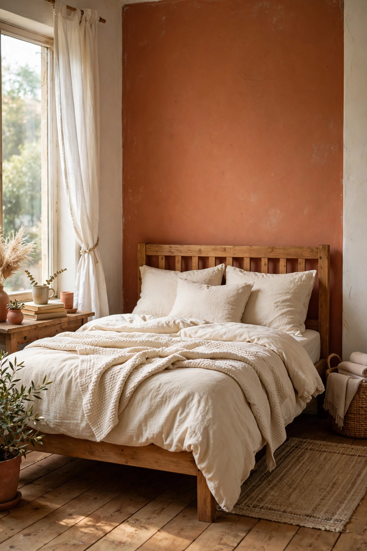 Bedroom with a terracotta painted accent wall behind a wooden bed frame
