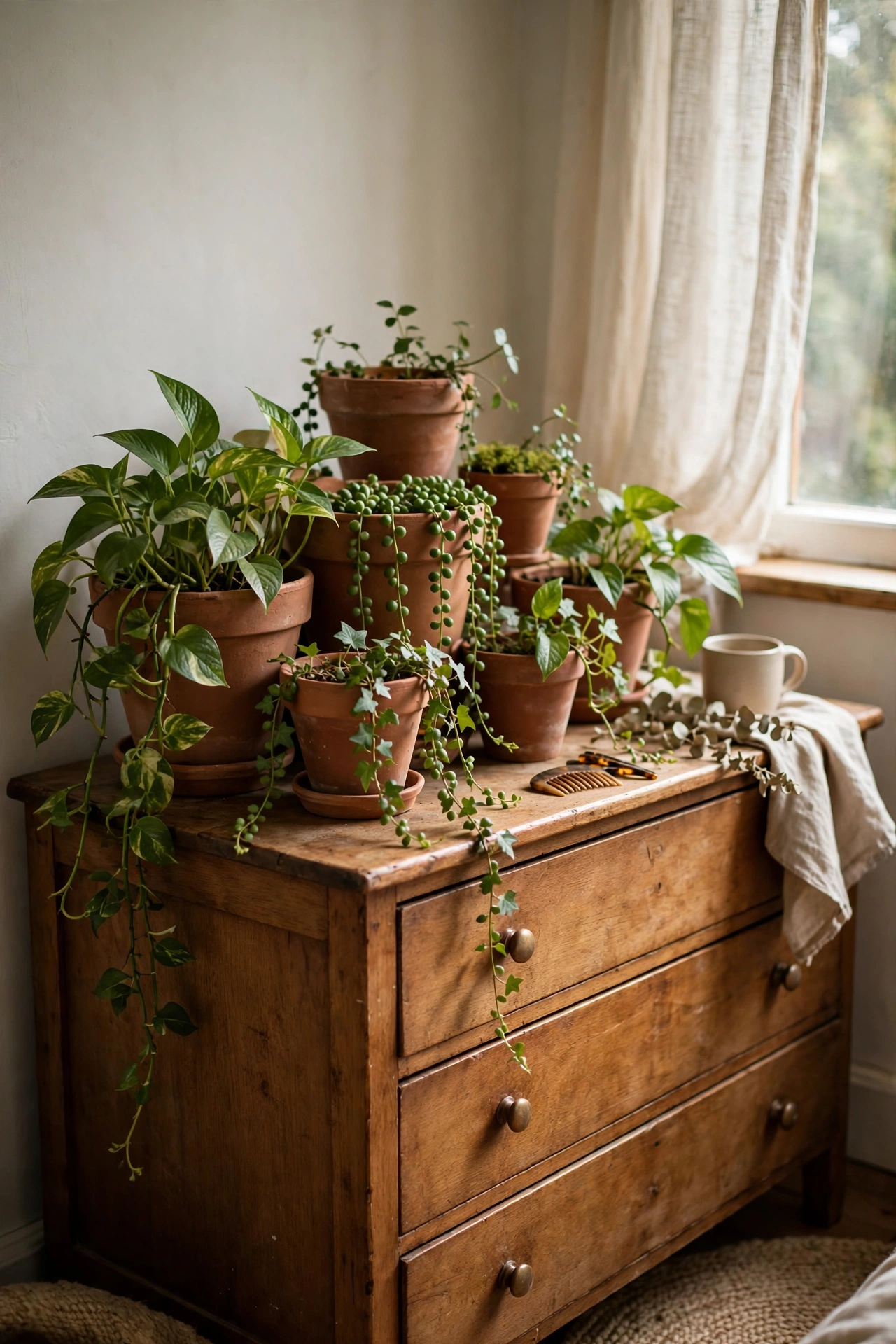 Cluster of terracotta pots with trailing plants on a bedroom dresser