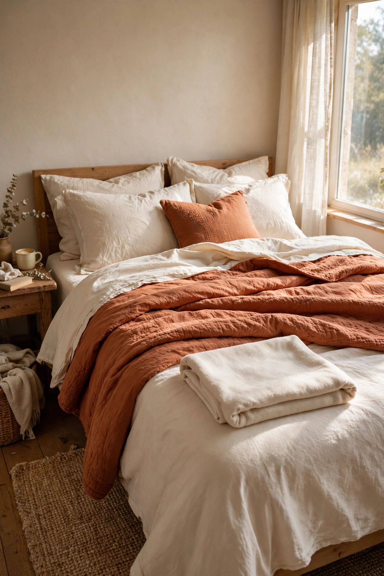 Bed layered with a terracotta duvet cover, cream sheets, and a cream throw