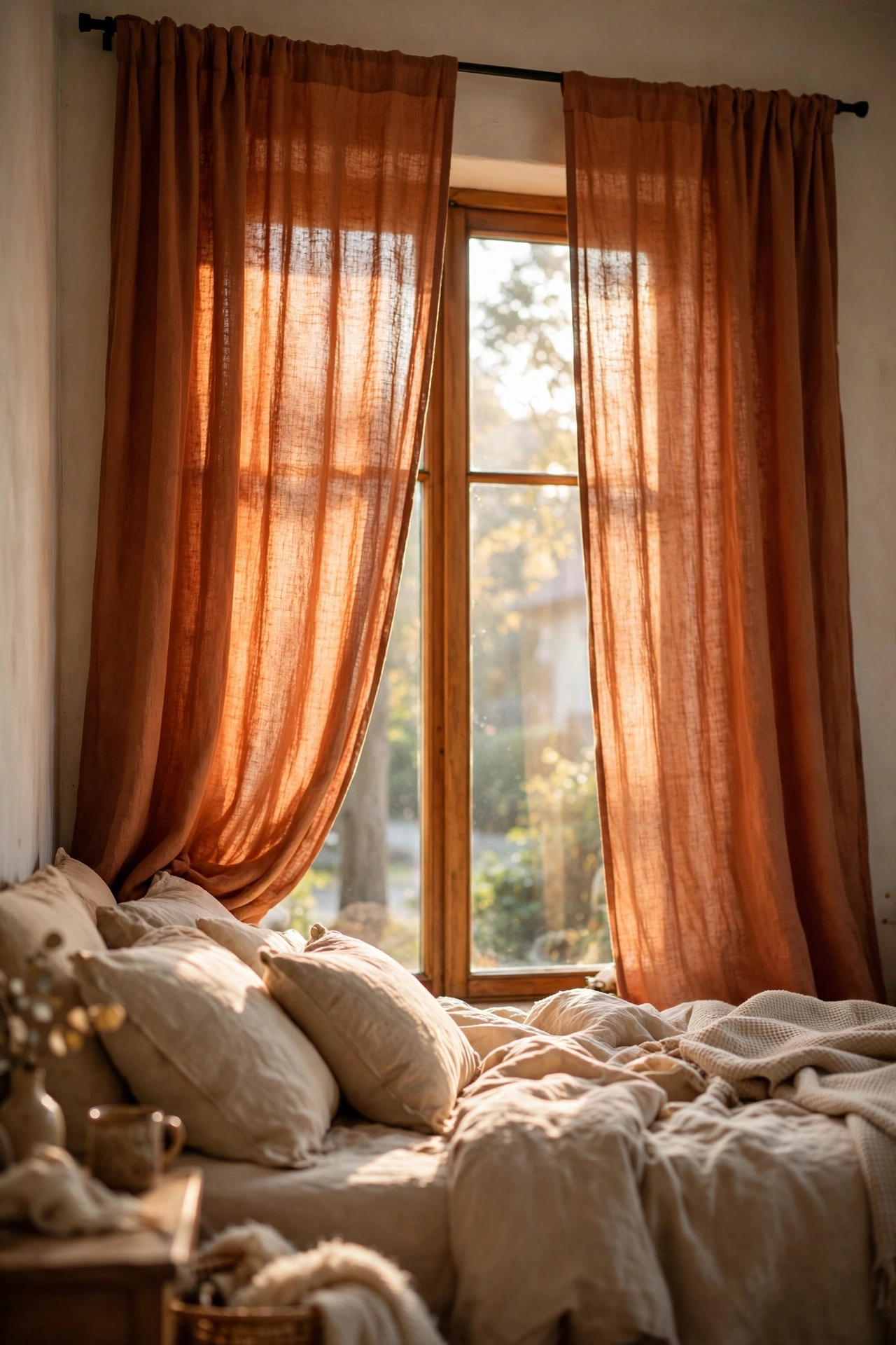 Terracotta linen curtain panels hung high and wide on a bedroom window