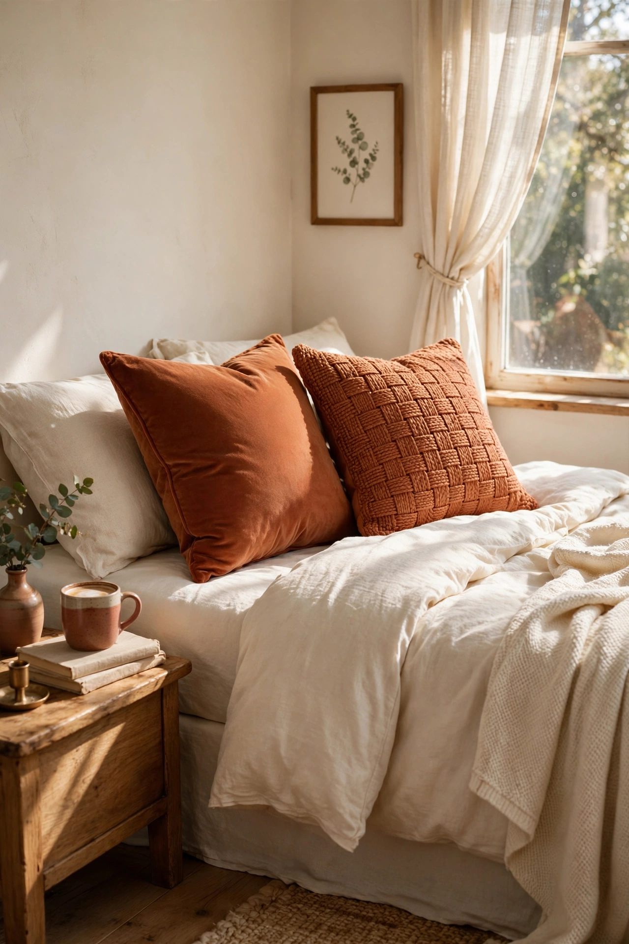Terracotta throw pillows in velvet and woven textures on a bed