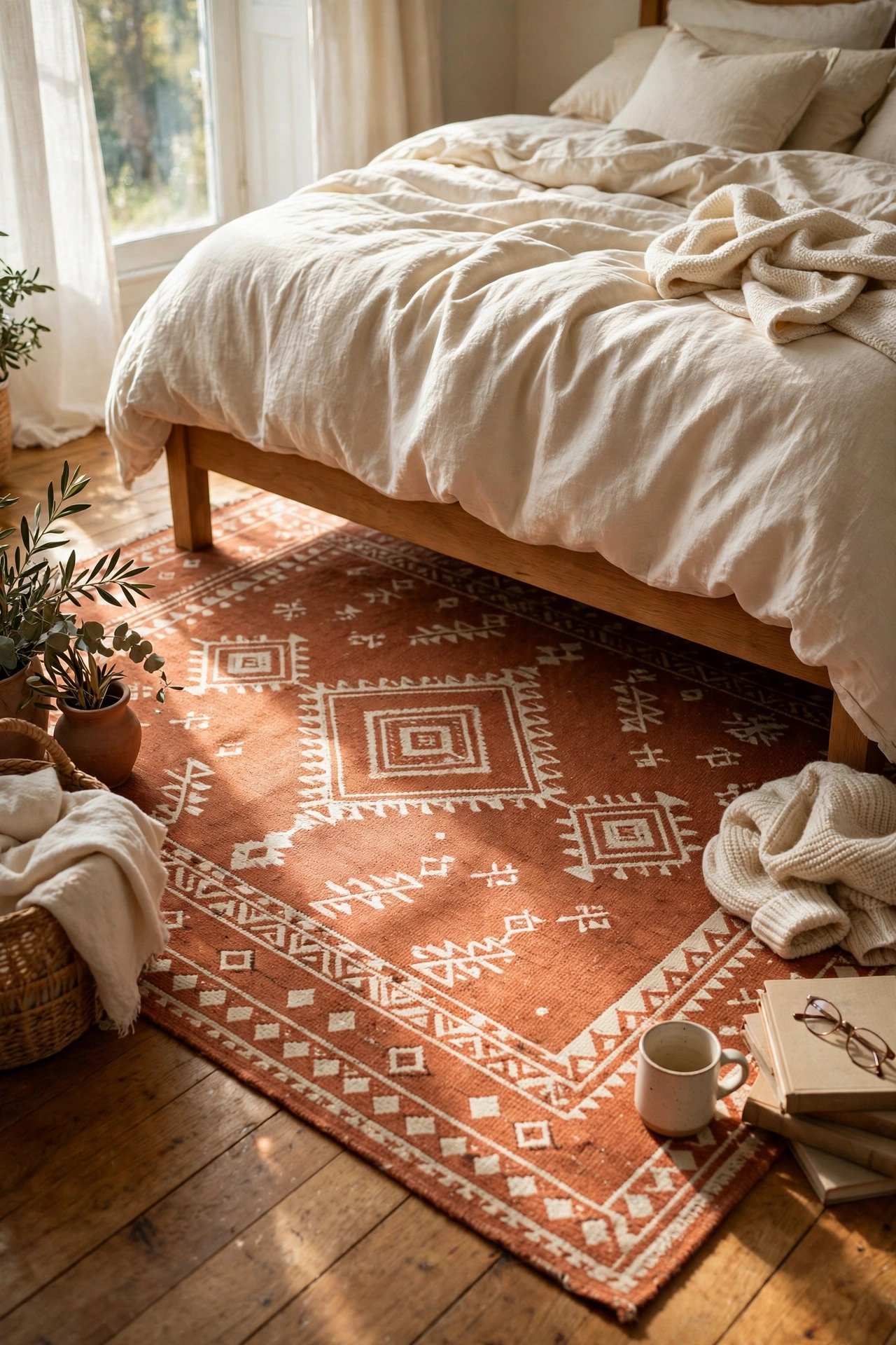 Terracotta flatweave rug with a cream pattern partly under a bed